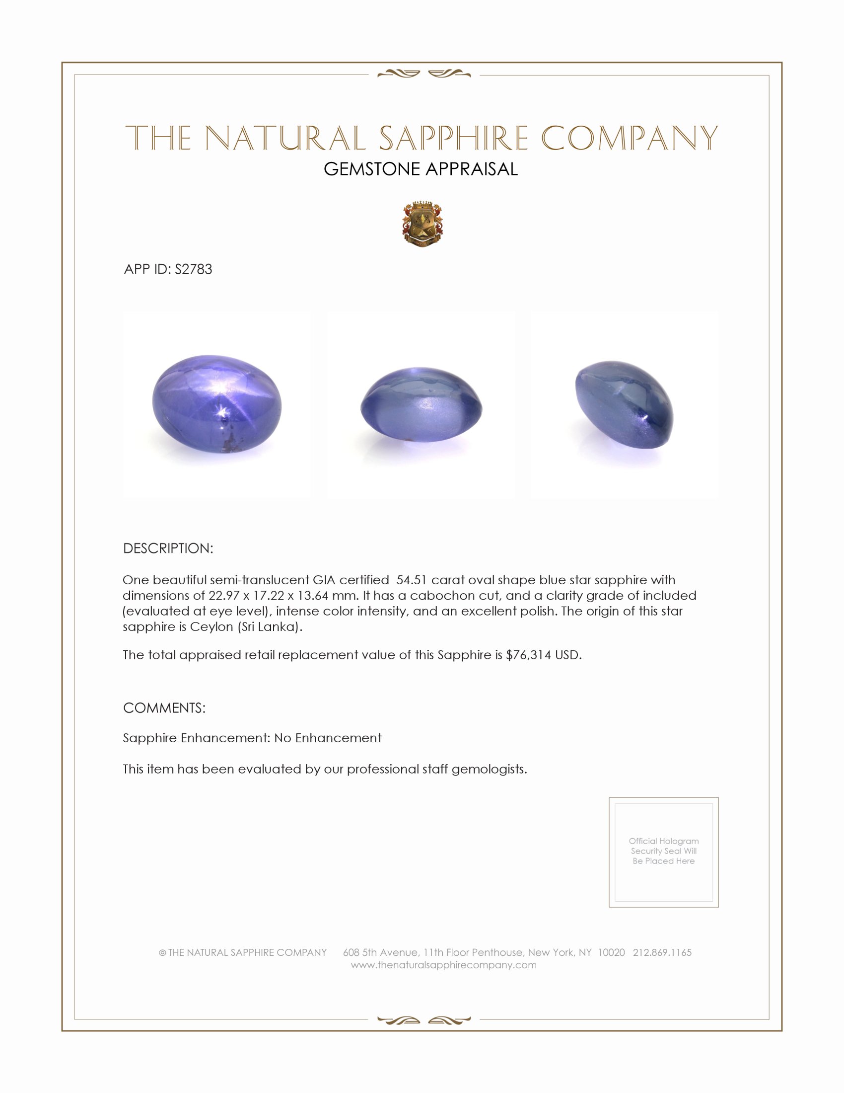 54.51 Ct. Blue Star Sapphire from Ceylon (Sri Lanka)