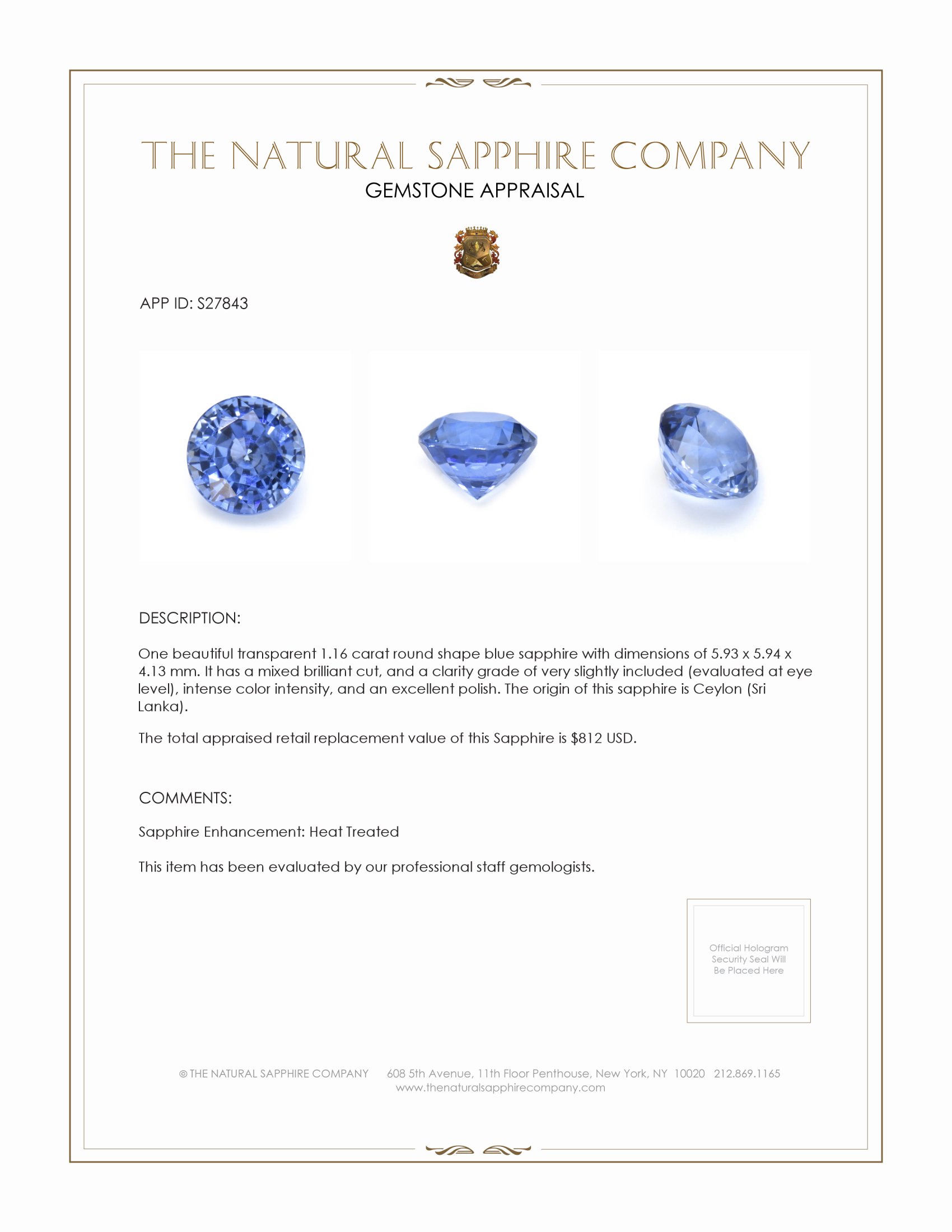 1.16 Ct. Blue Sapphire from Ceylon (Sri Lanka)