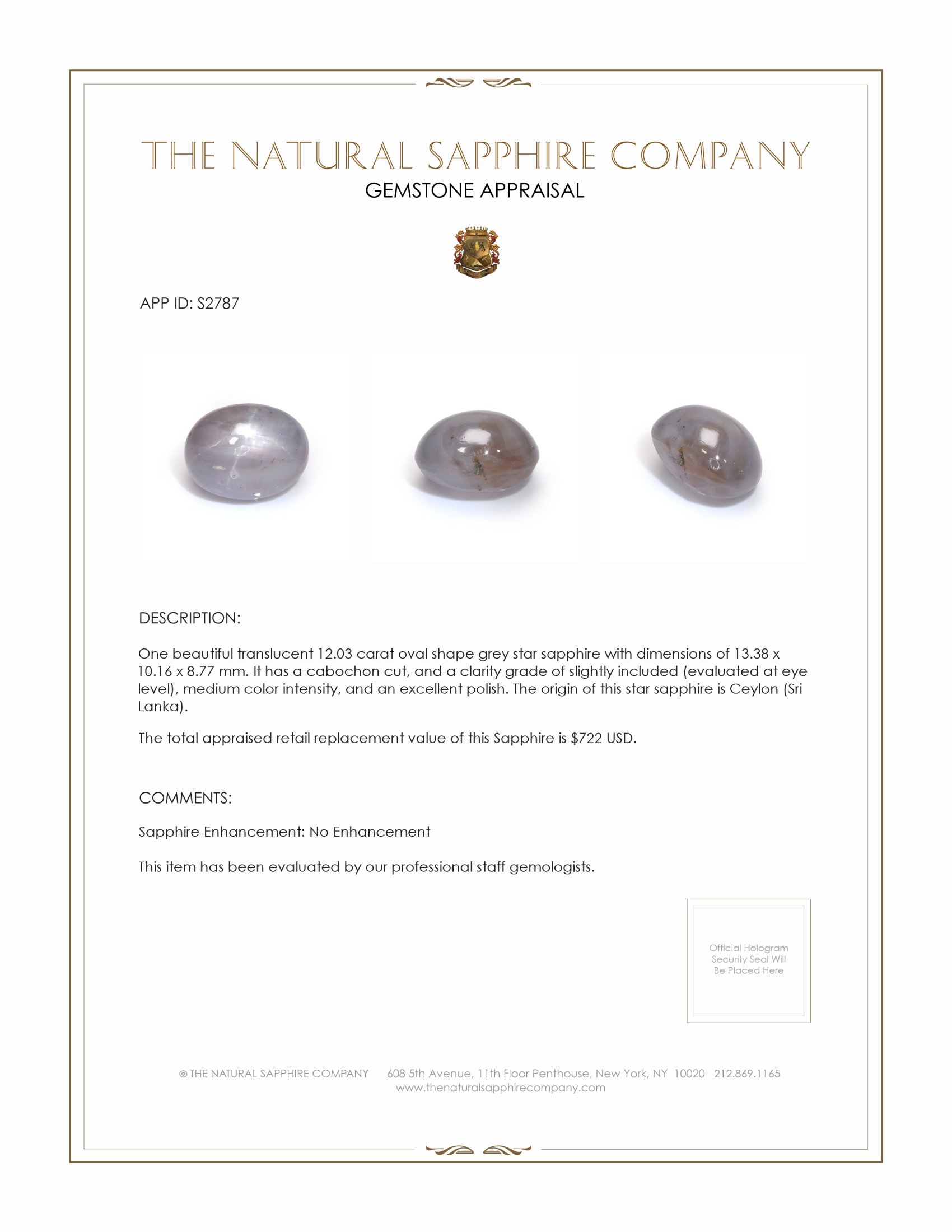 12.03 Ct. Grey Star Sapphire from Ceylon (Sri Lanka)