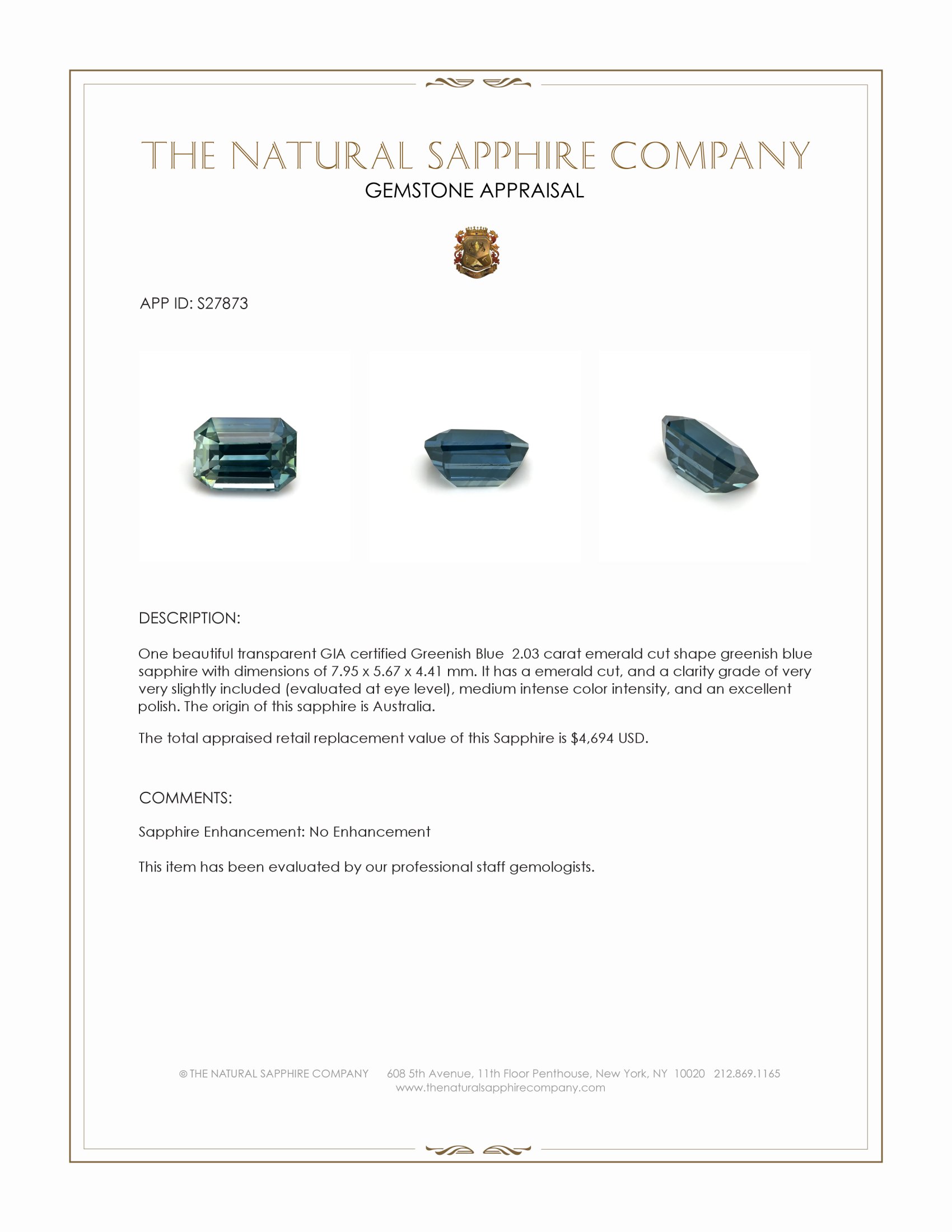 2.03 Ct. Greenish Blue Sapphire from Australia