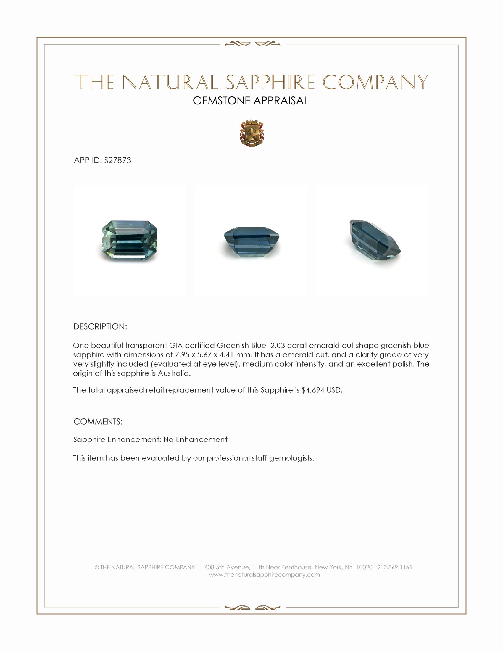 2.03 Ct. Greenish Blue Sapphire from Australia