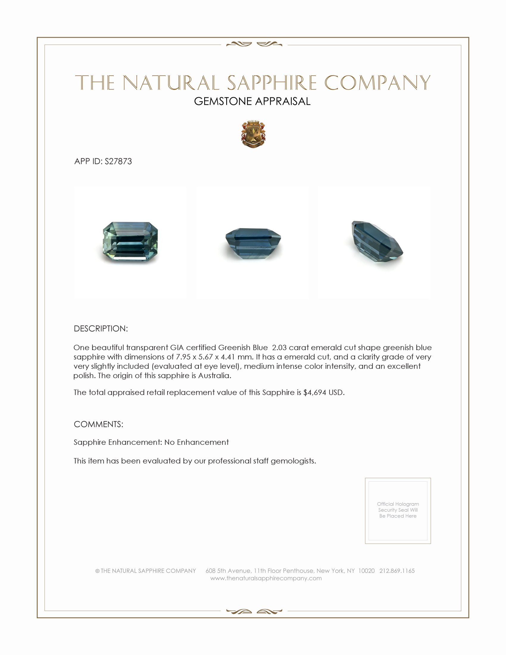 2.03 Ct. Greenish Blue Sapphire from Australia