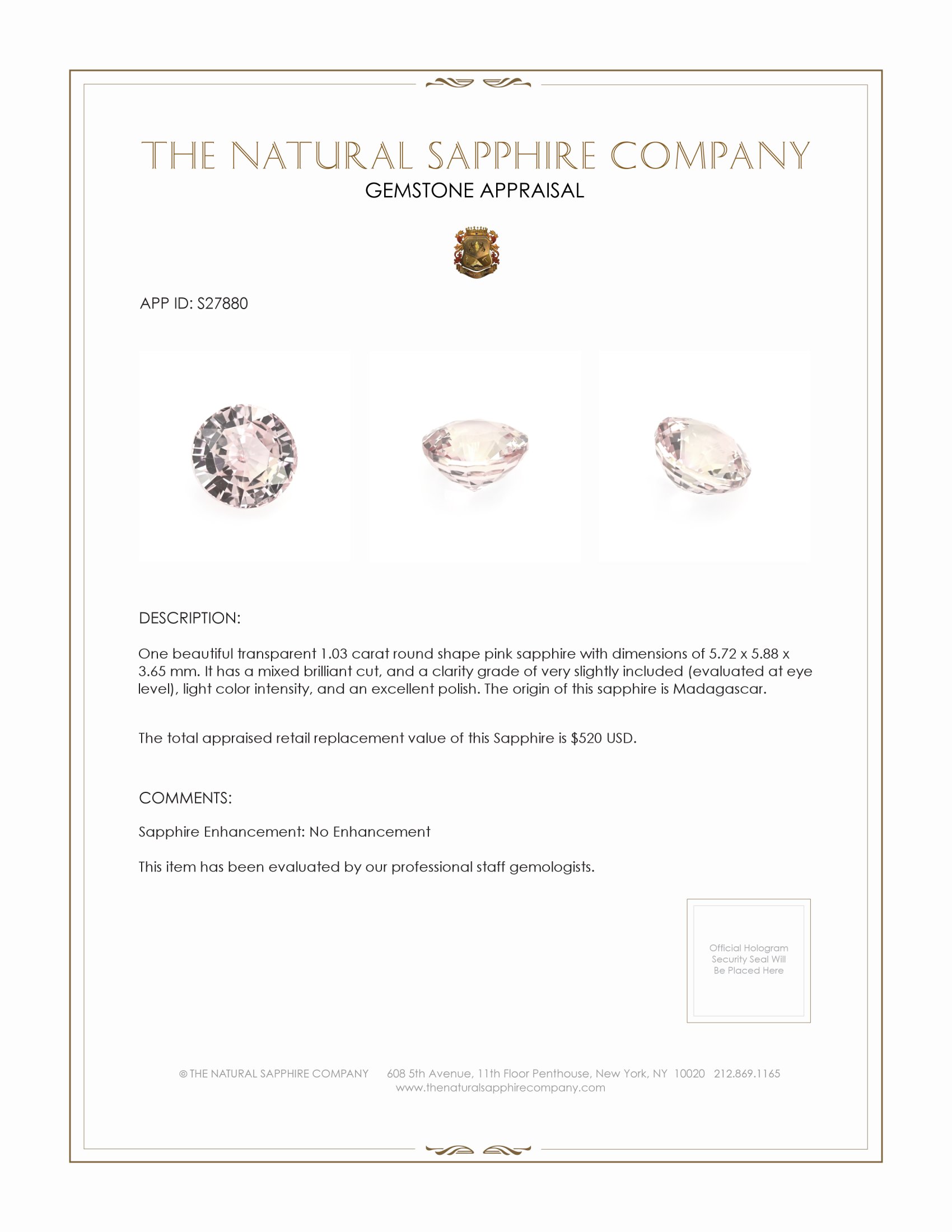 1.03 Ct. Pink Sapphire from Madagascar