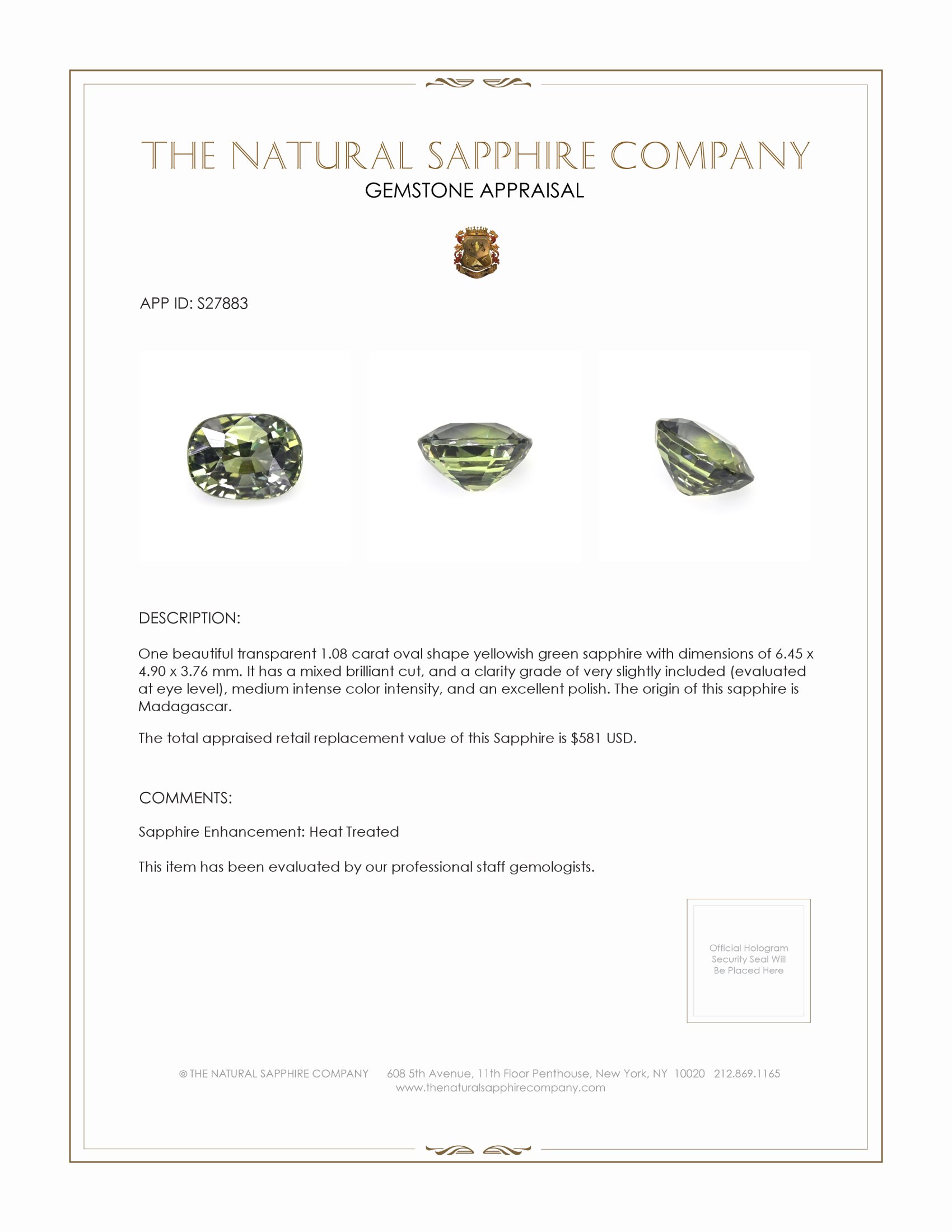 1.08 Ct. Yellowish Green Sapphire from Madagascar