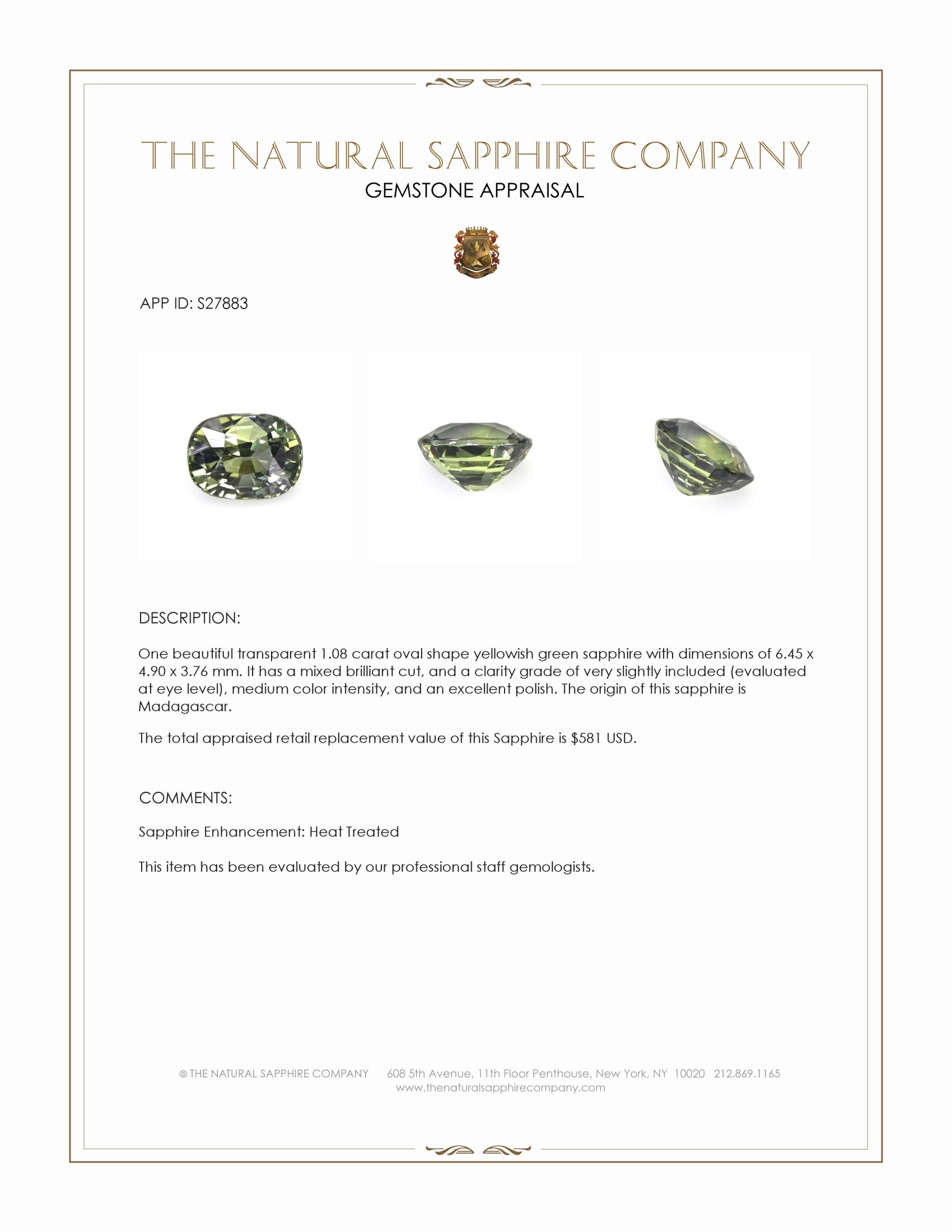 1.08 Ct. Yellowish Green Sapphire from Madagascar