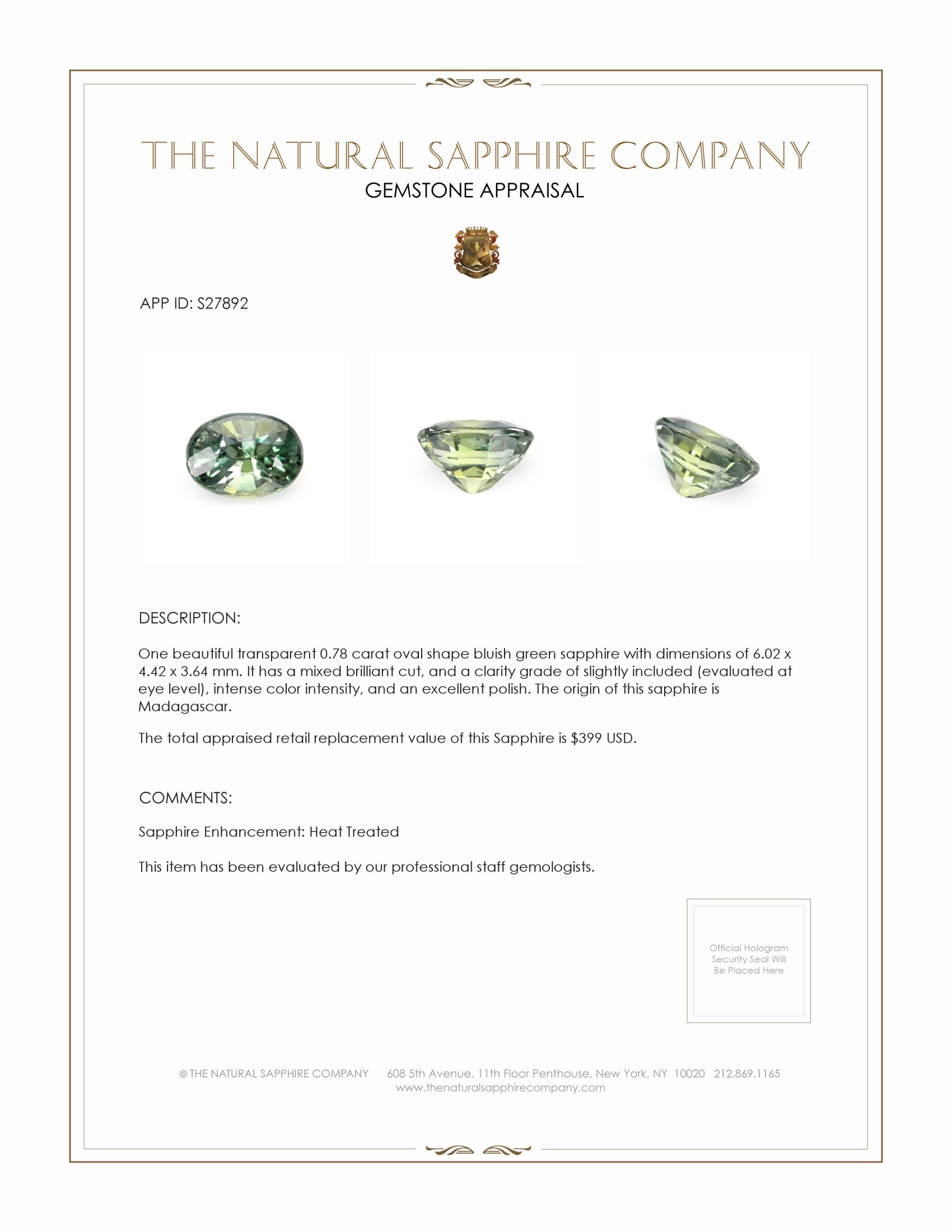 0.78 Ct. Bluish Green Sapphire from Madagascar