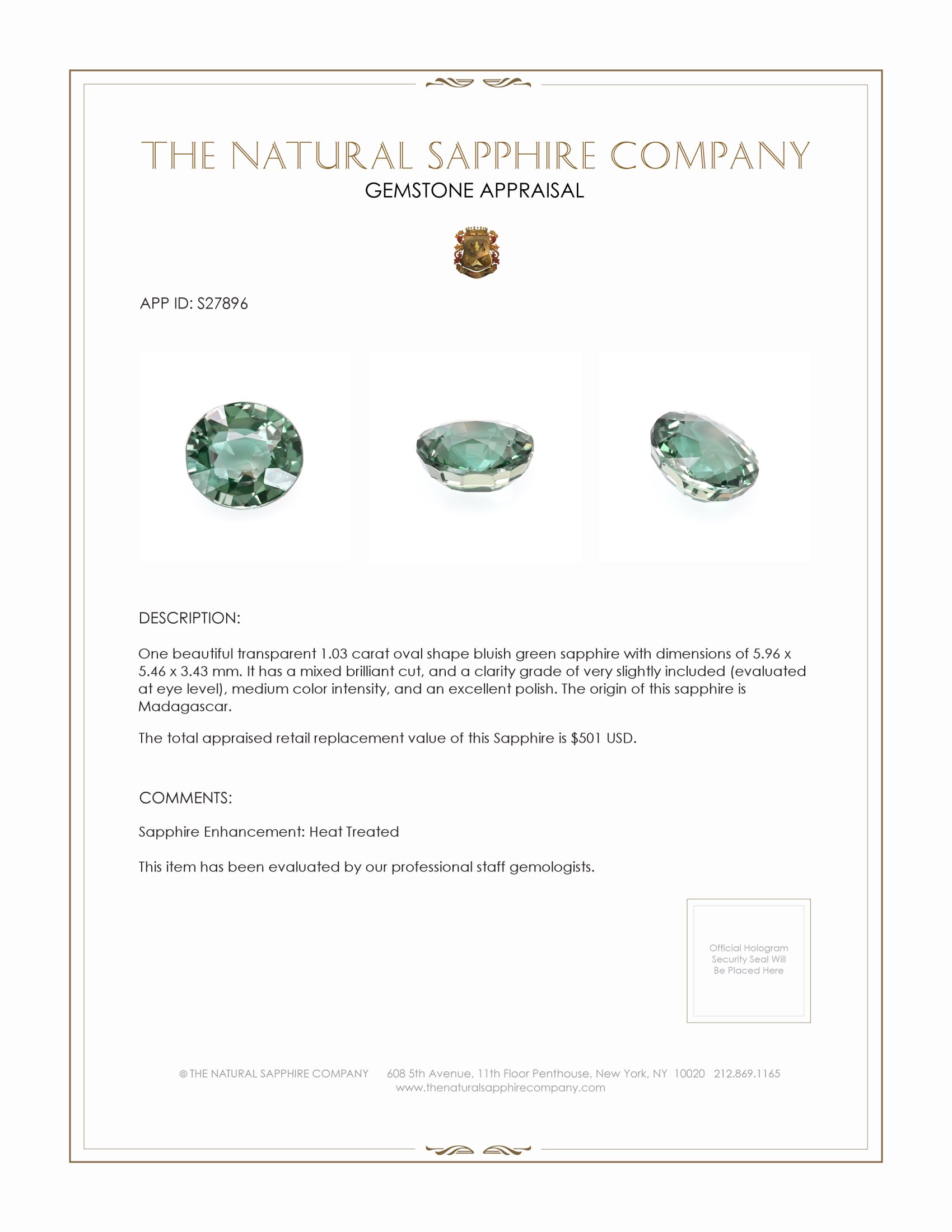 1.03 Ct. Bluish Green Sapphire from Madagascar