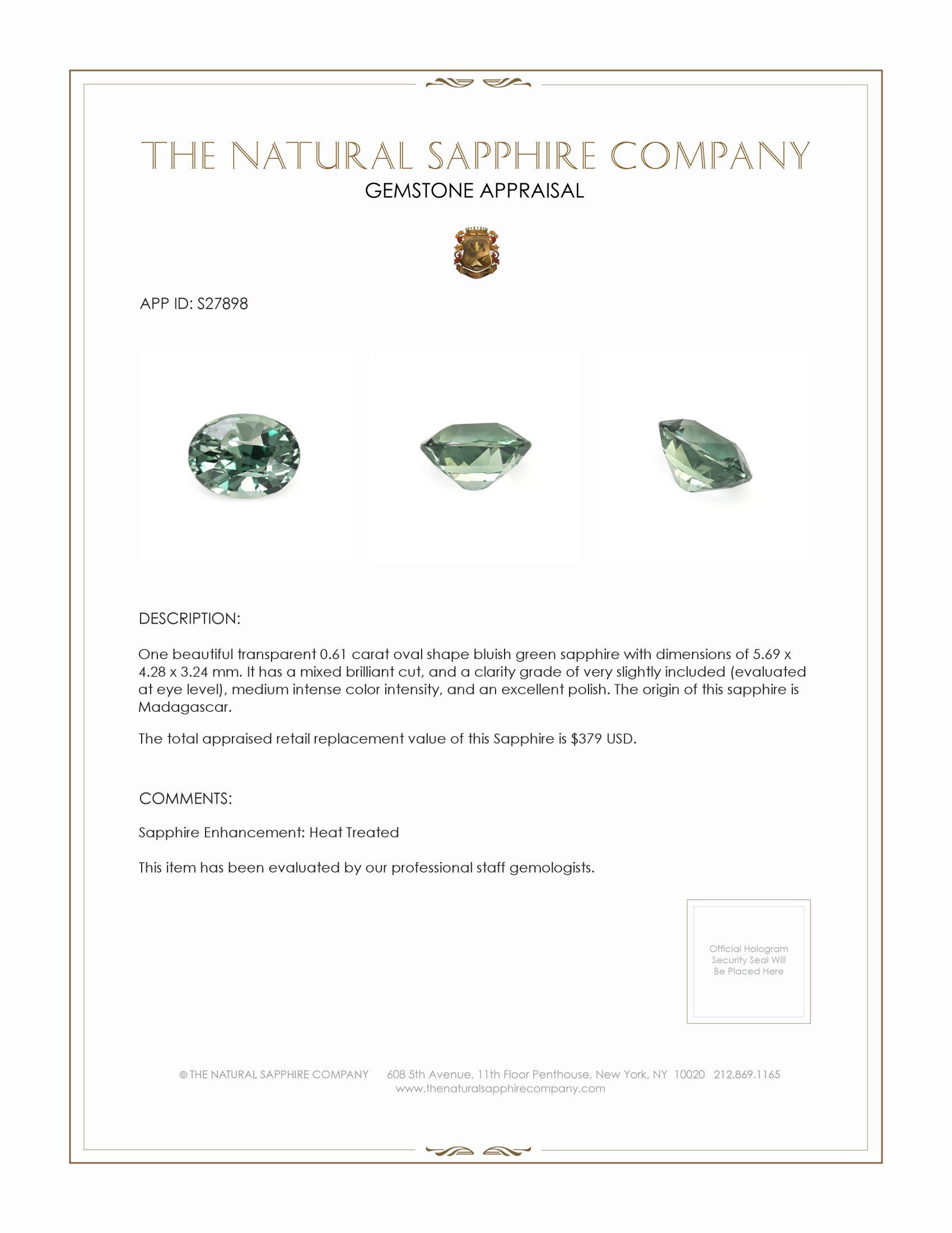 0.61 Ct. Bluish Green Sapphire from Madagascar