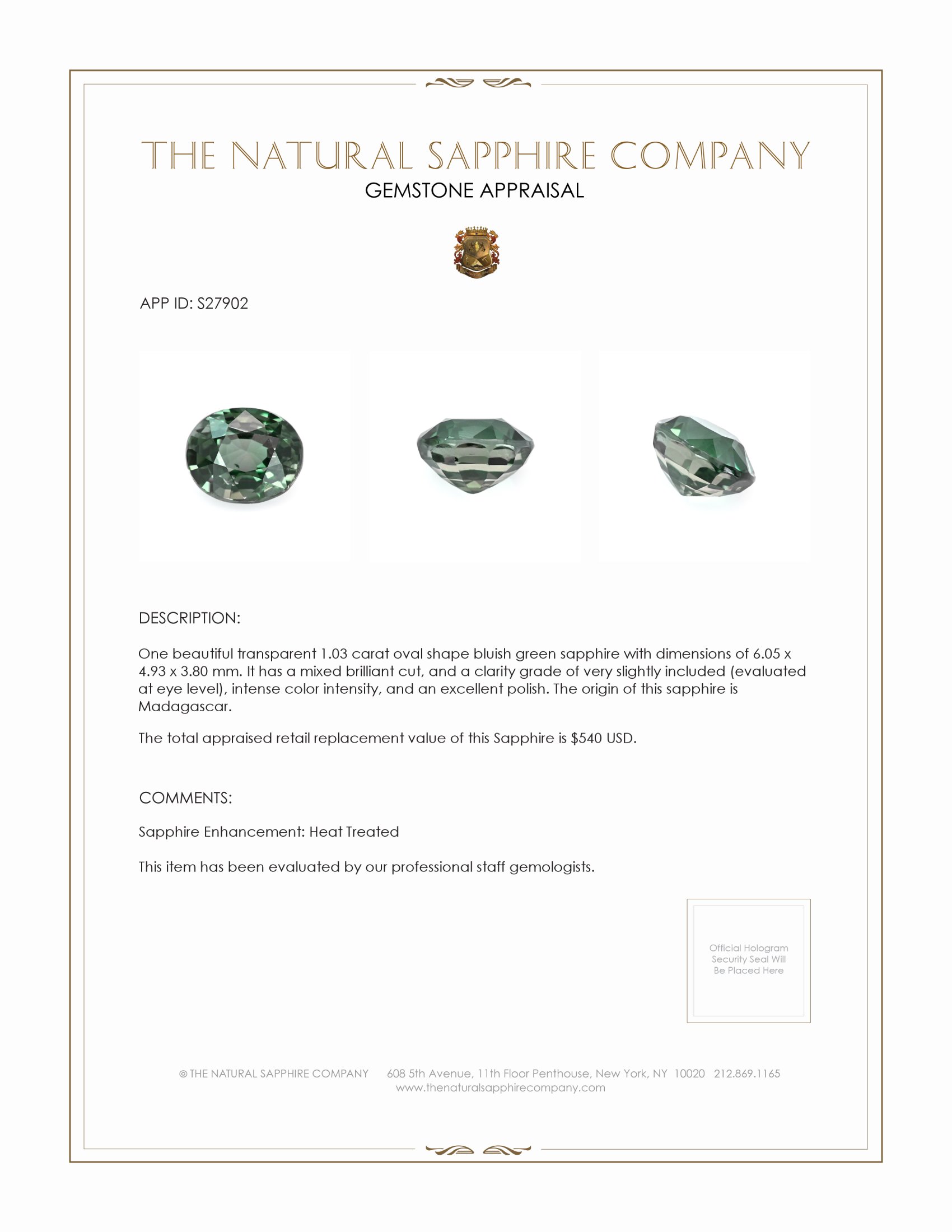 1.03 Ct. Bluish Green Sapphire from Madagascar