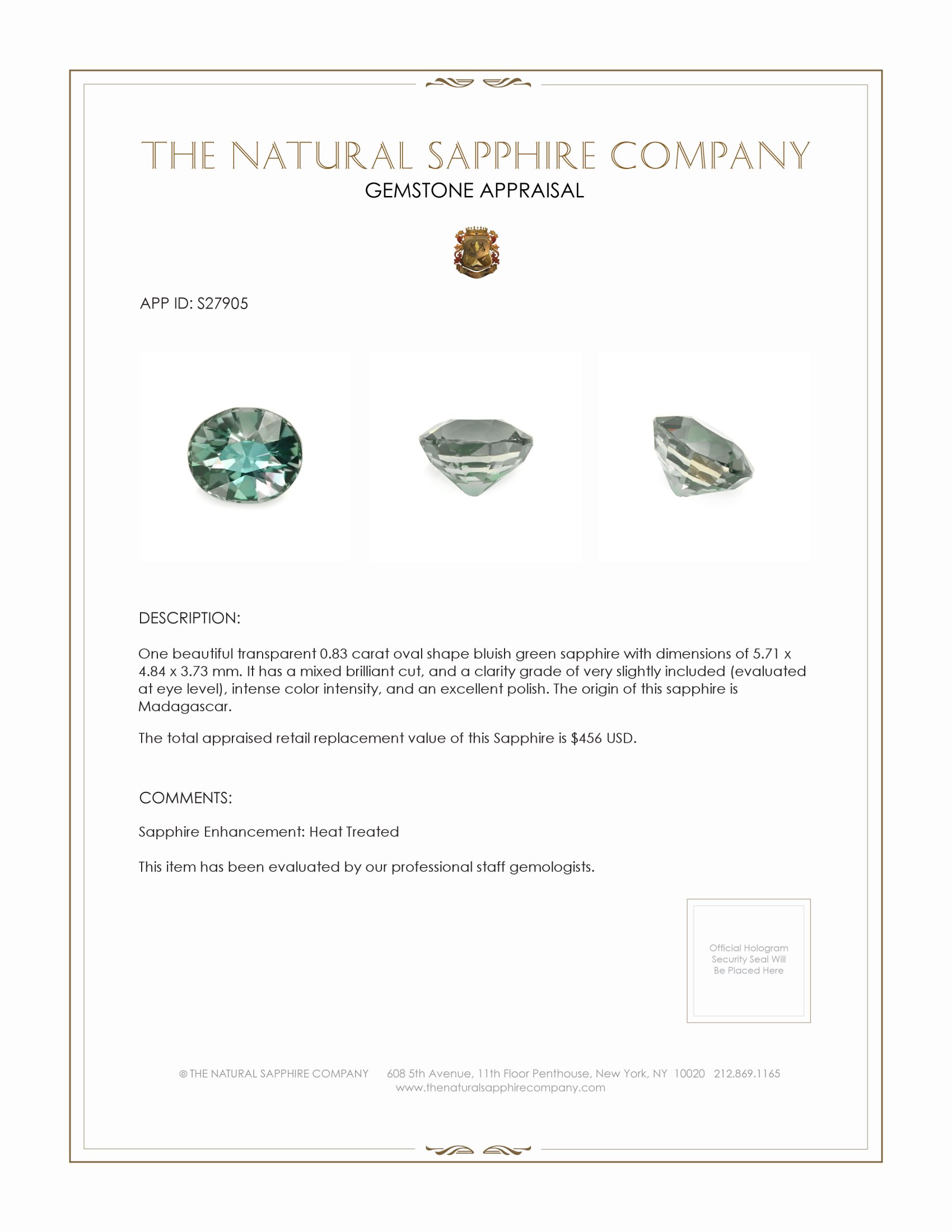 0.83 Ct. Bluish Green Sapphire from Madagascar
