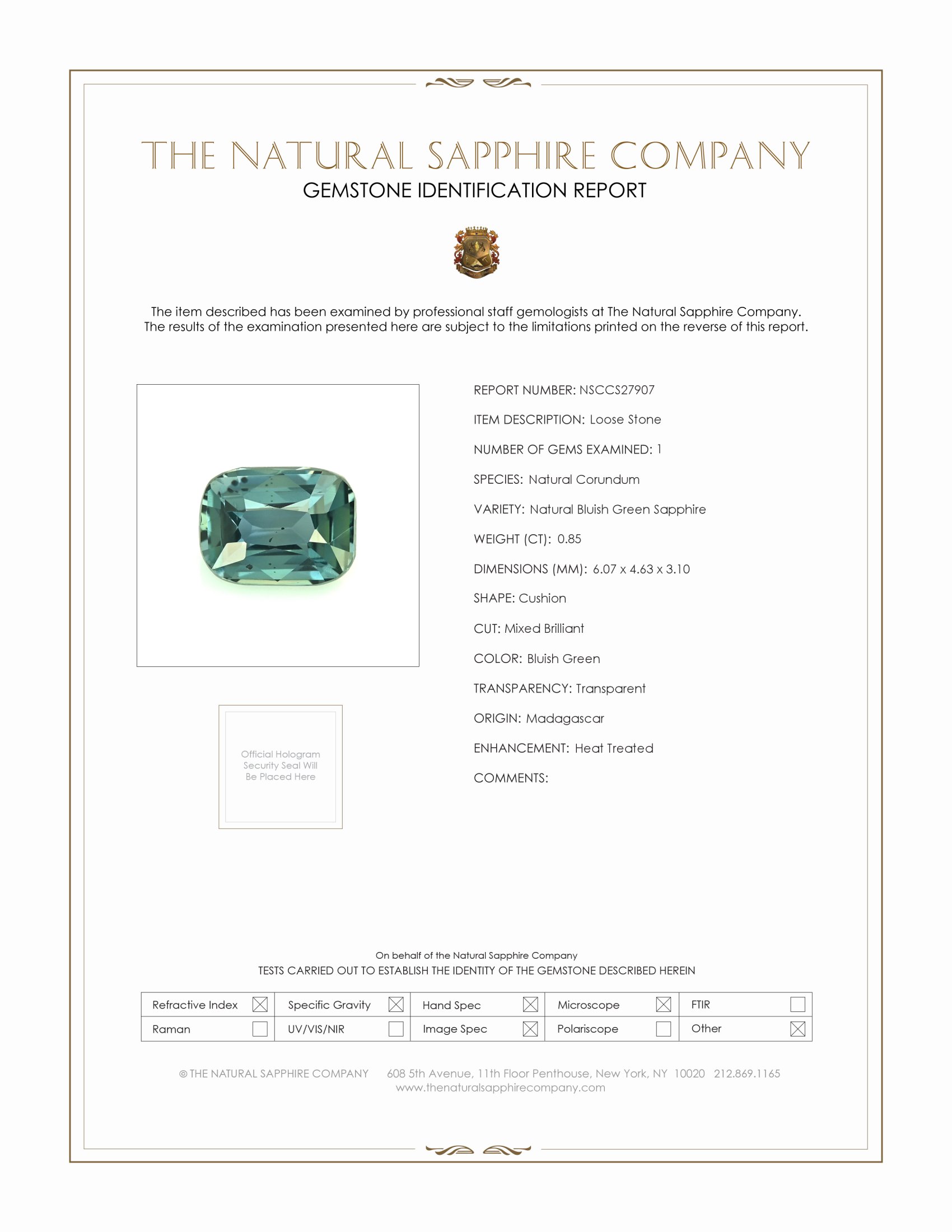 0.85 Ct. Bluish Green Sapphire from Madagascar