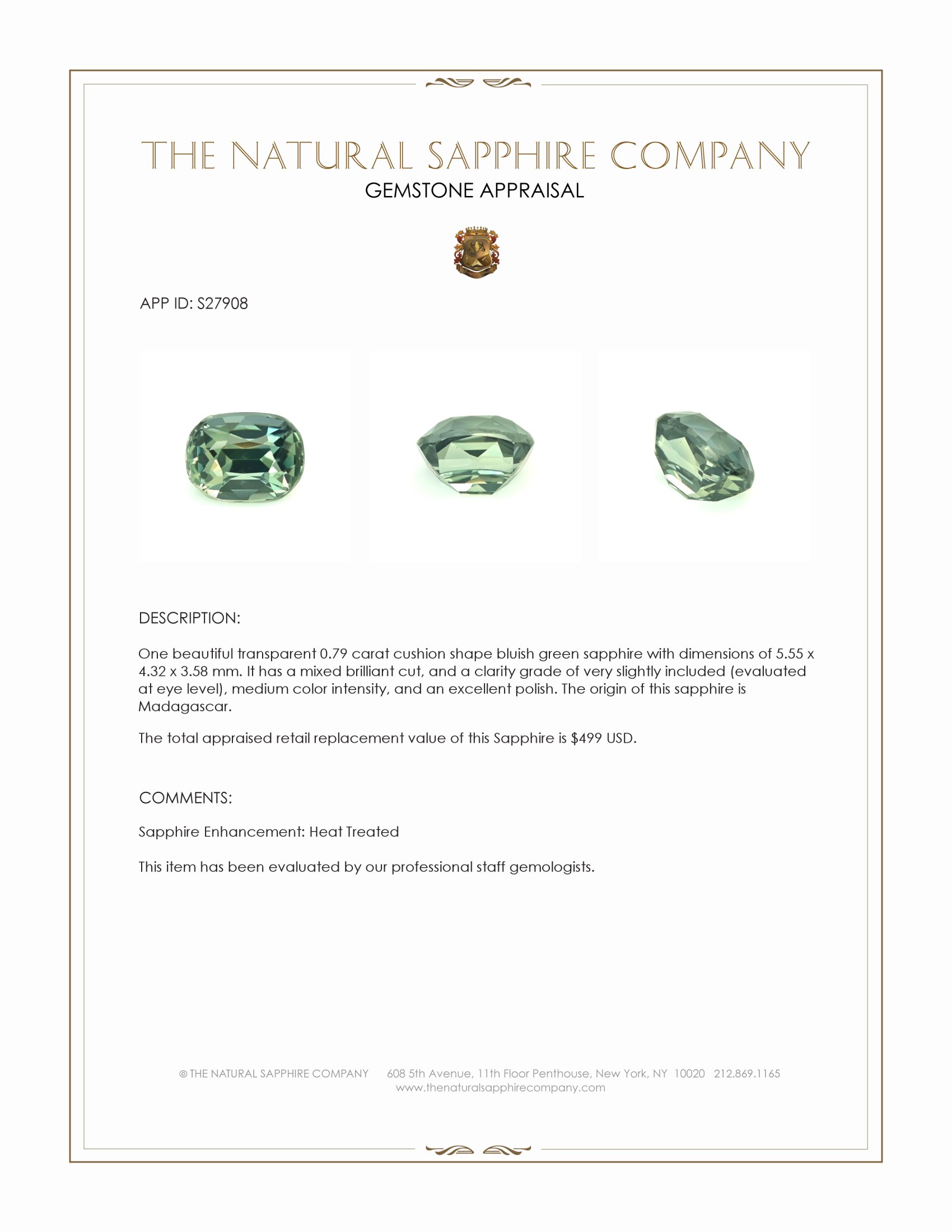 0.79 Ct. Bluish Green Sapphire from Madagascar