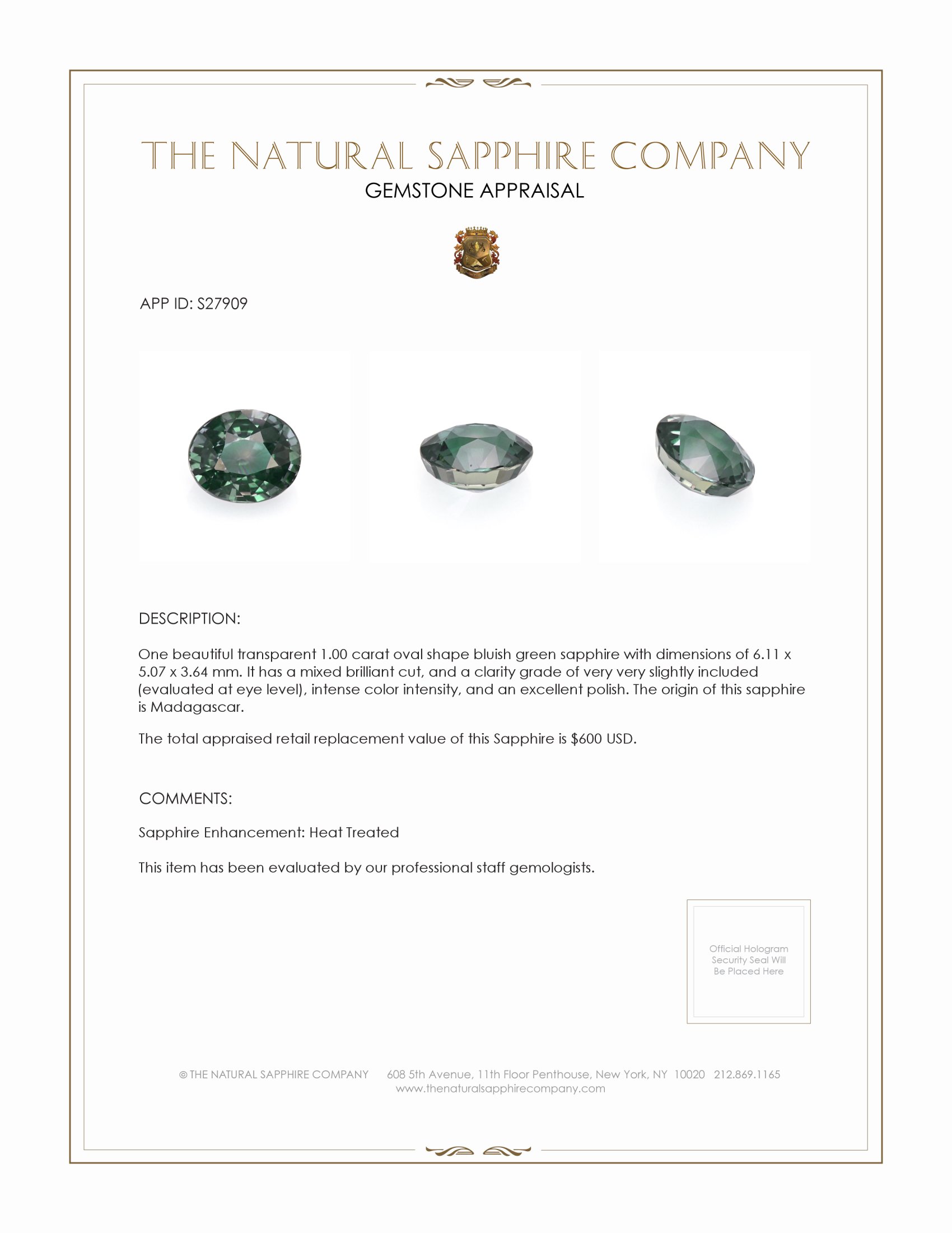 1.00 Ct. Bluish Green Sapphire from Madagascar