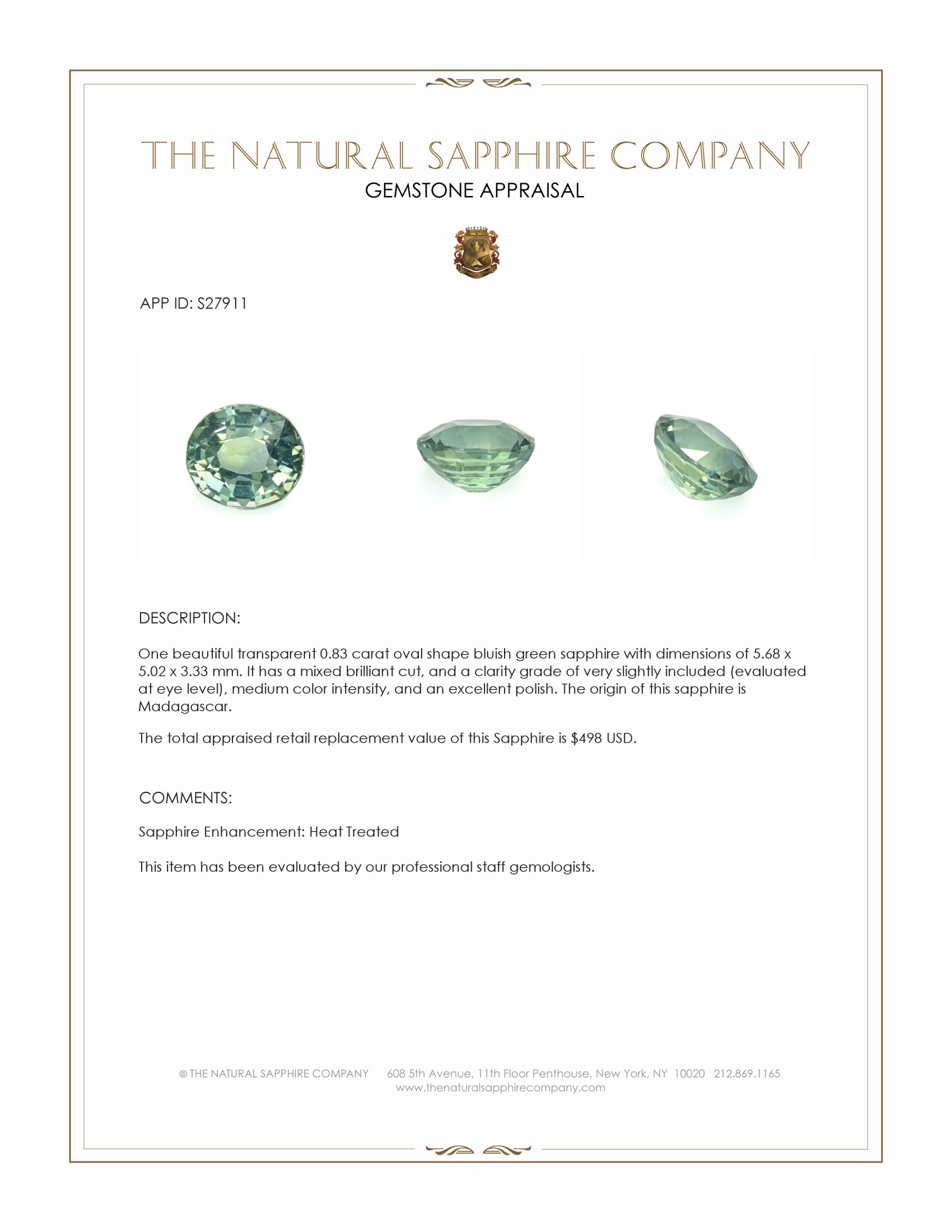 0.83 Ct. Bluish Green Sapphire from Madagascar
