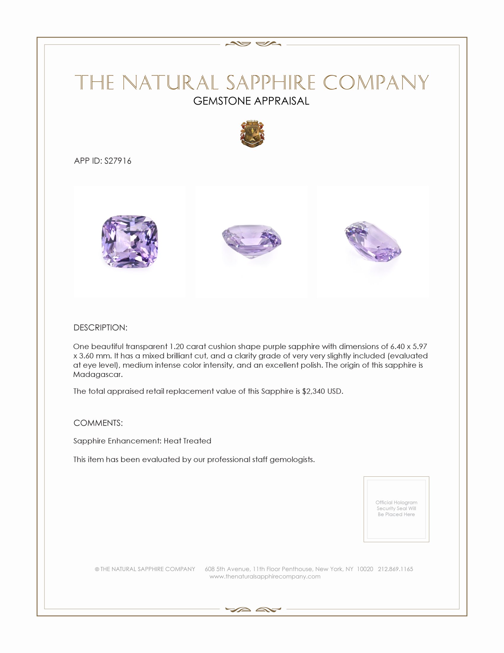 1.20 Ct. Purple Sapphire from Madagascar