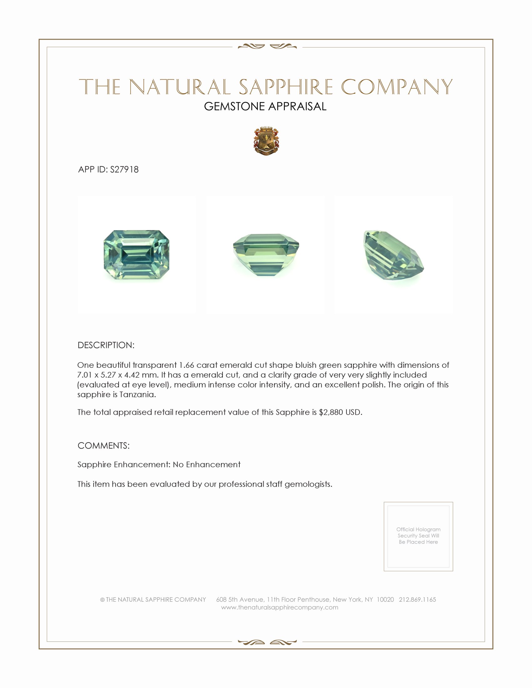 1.66 Ct. Bluish Green Sapphire from Tanzania