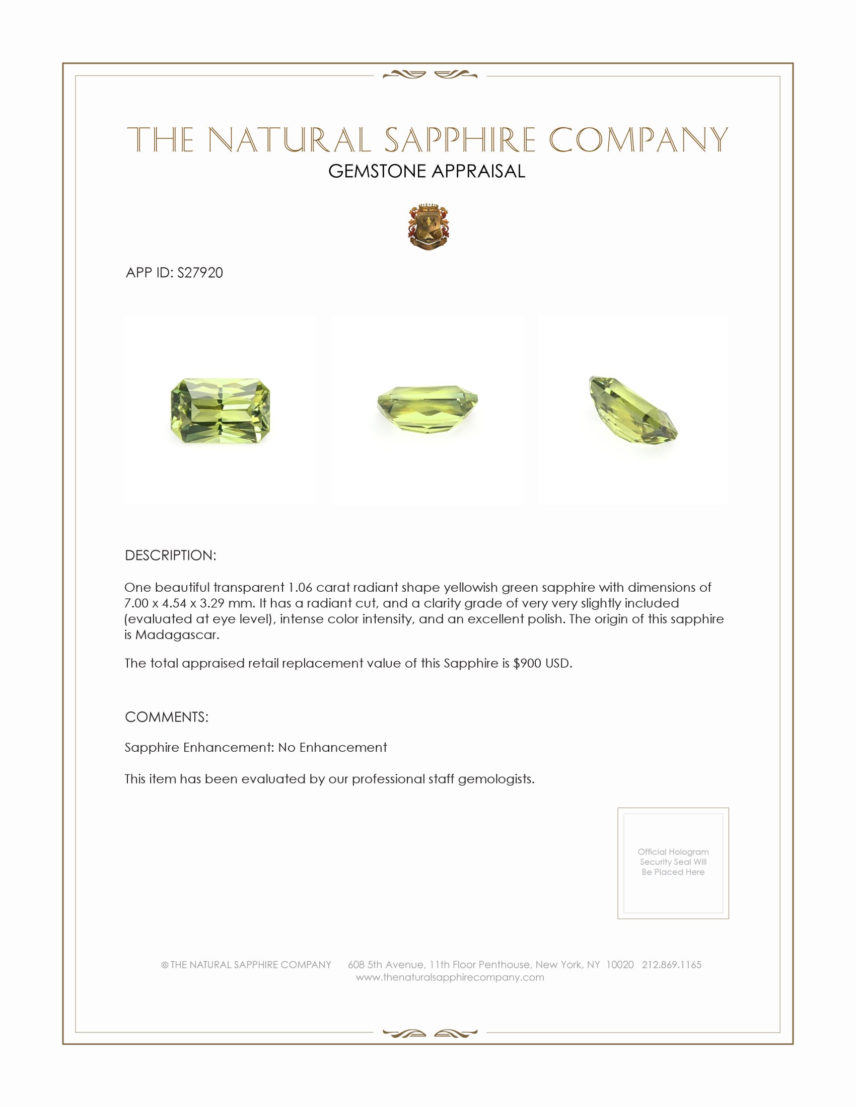 1.06 Ct. Yellowish Green Sapphire from Madagascar