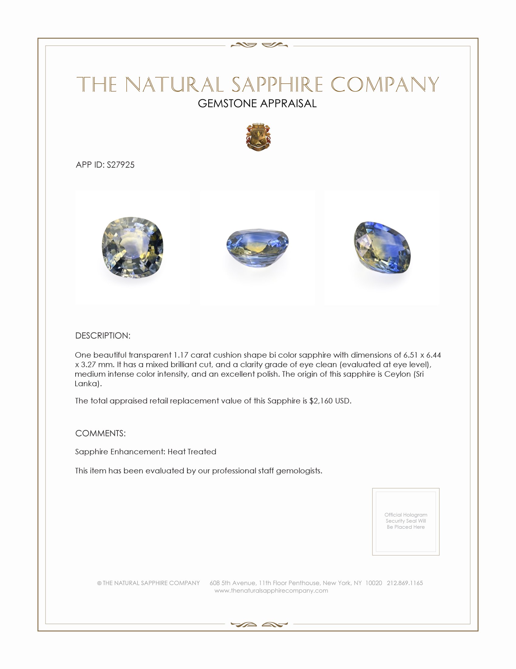 1.17 Ct. Bi Color Sapphire from Ceylon (Sri Lanka)