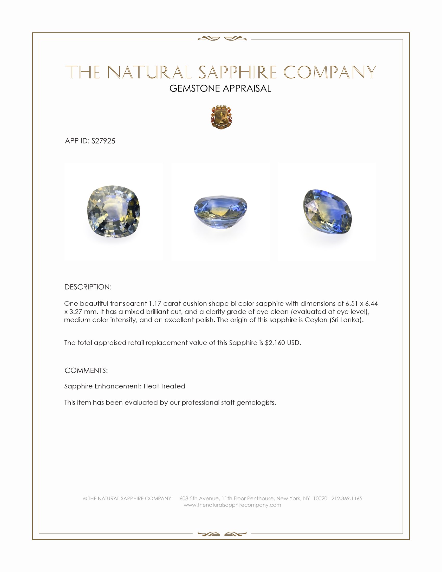 1.17 Ct. Bi Color Sapphire from Ceylon (Sri Lanka)