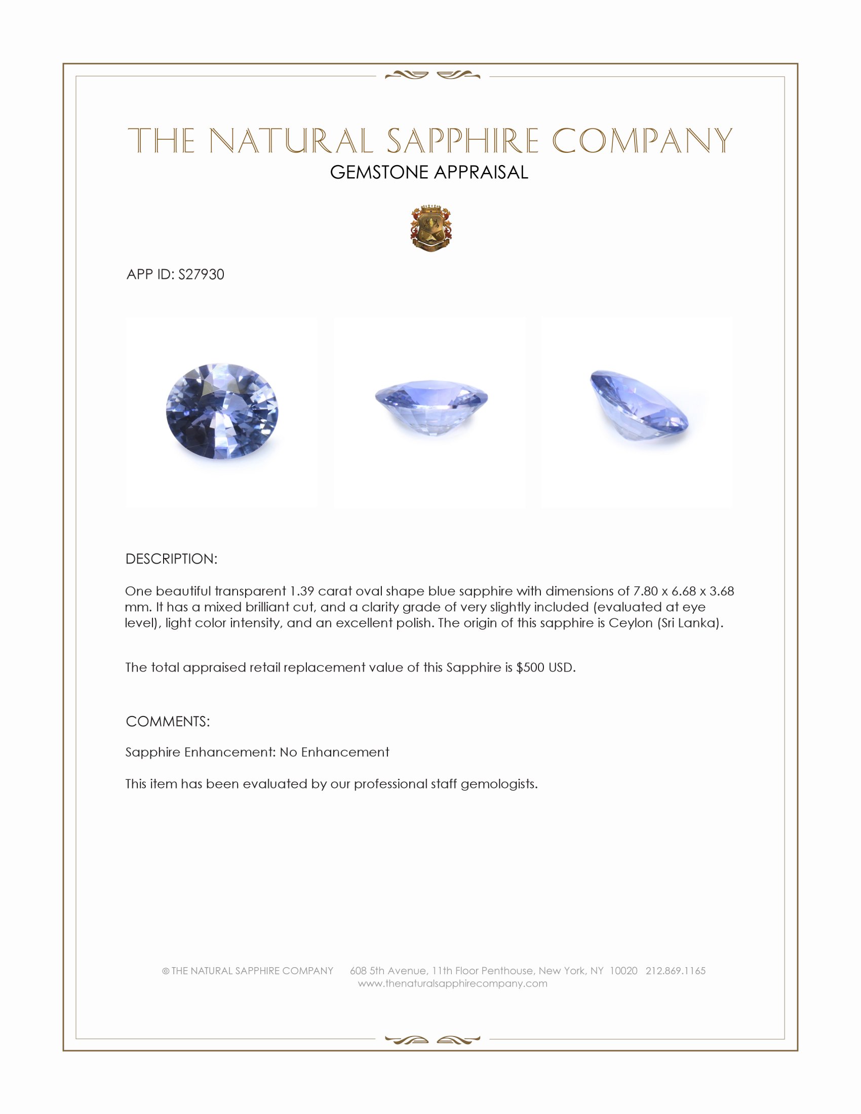 1.39 Ct. Blue Sapphire from Ceylon (Sri Lanka)