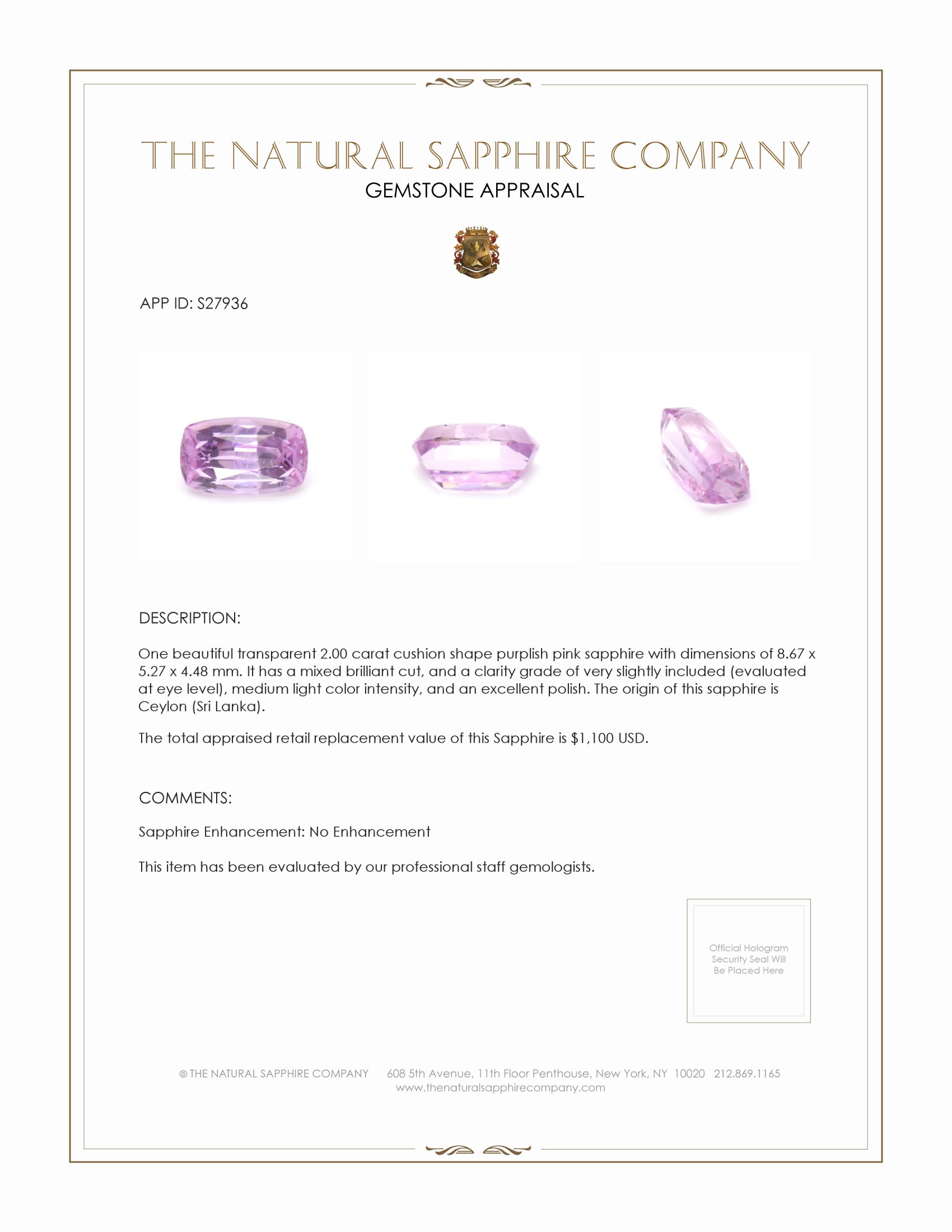 2.00 Ct. Purplish Pink Sapphire from Ceylon (Sri Lanka)