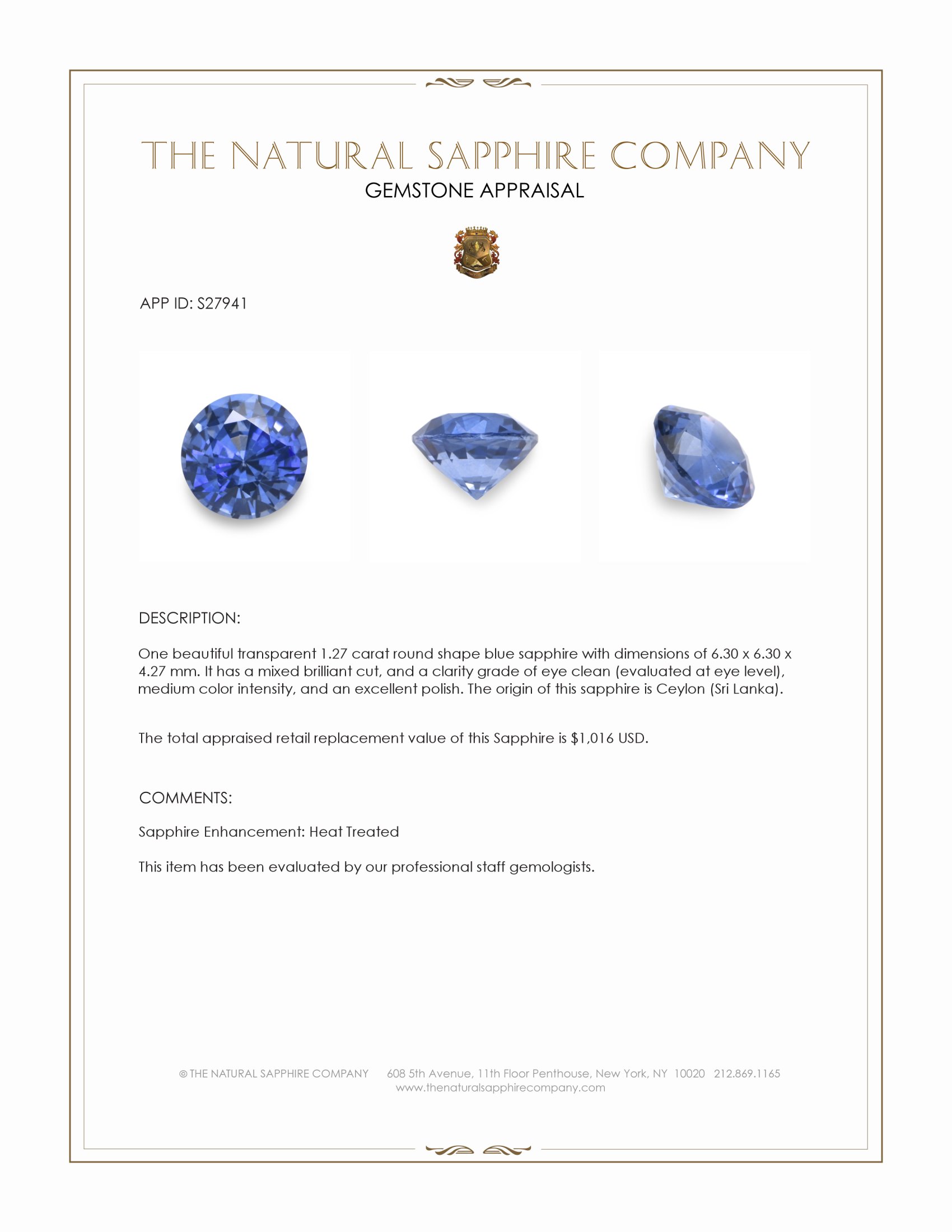 1.27 Ct. Blue Sapphire from Ceylon (Sri Lanka)