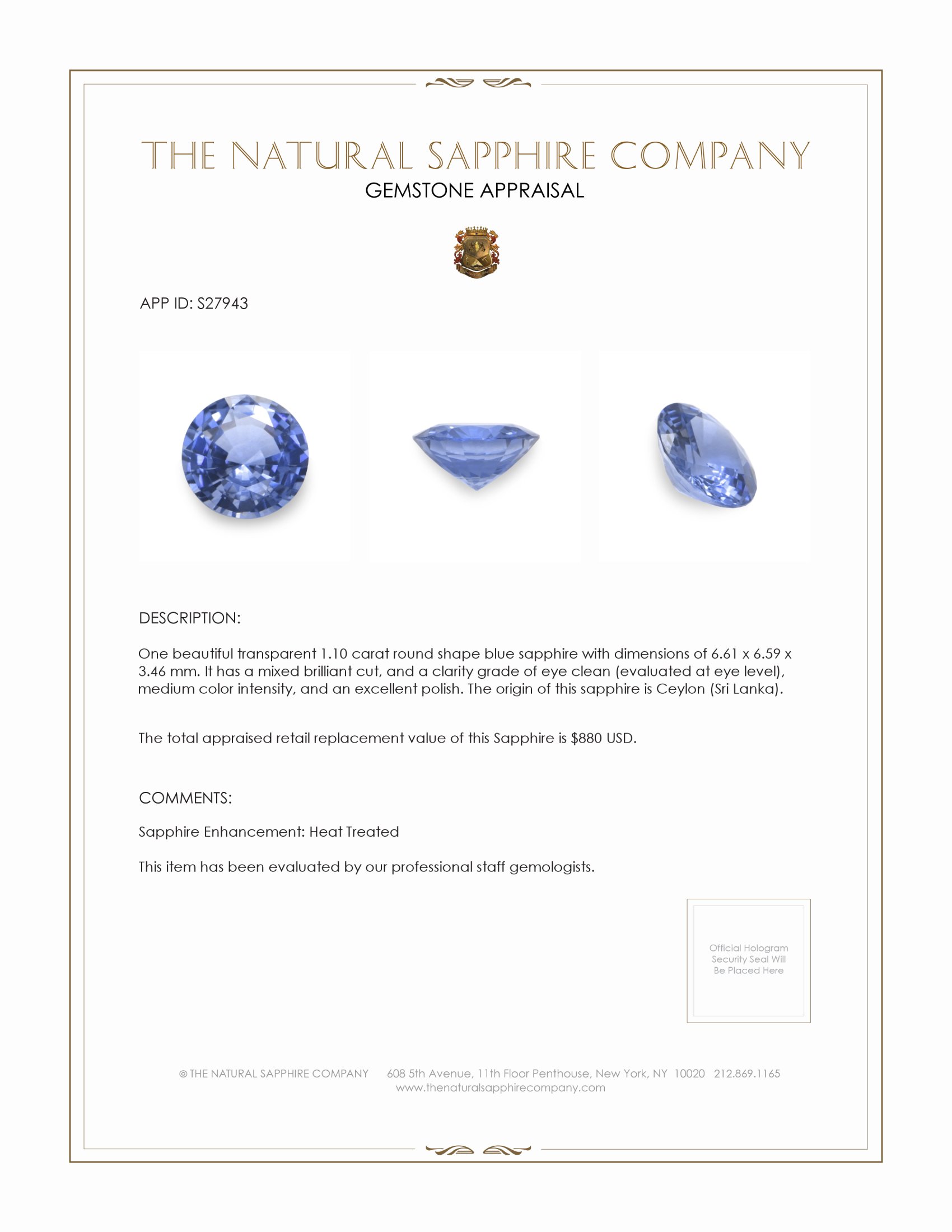 1.10 Ct. Blue Sapphire from Ceylon (Sri Lanka)