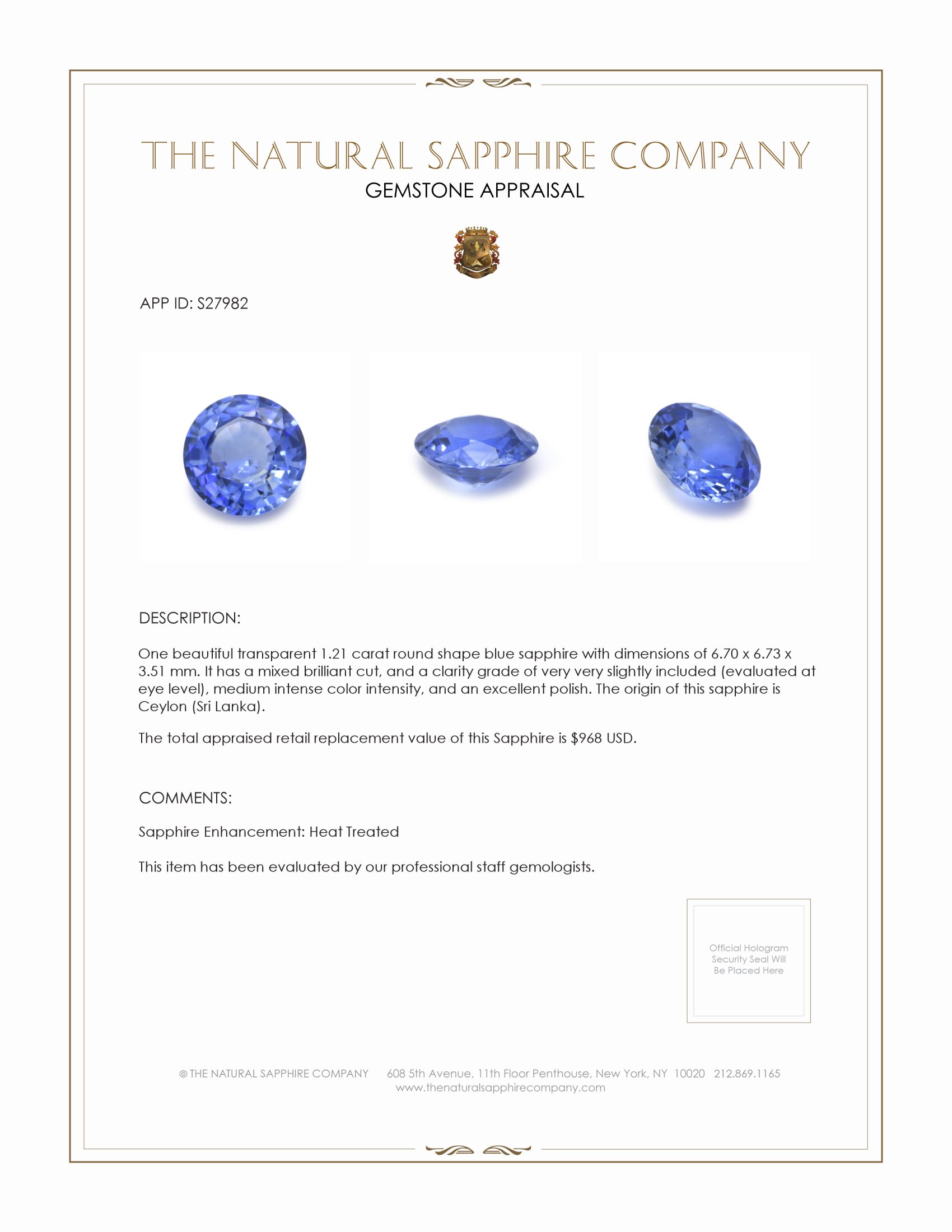 1.21 Ct. Blue Sapphire from Ceylon (Sri Lanka)