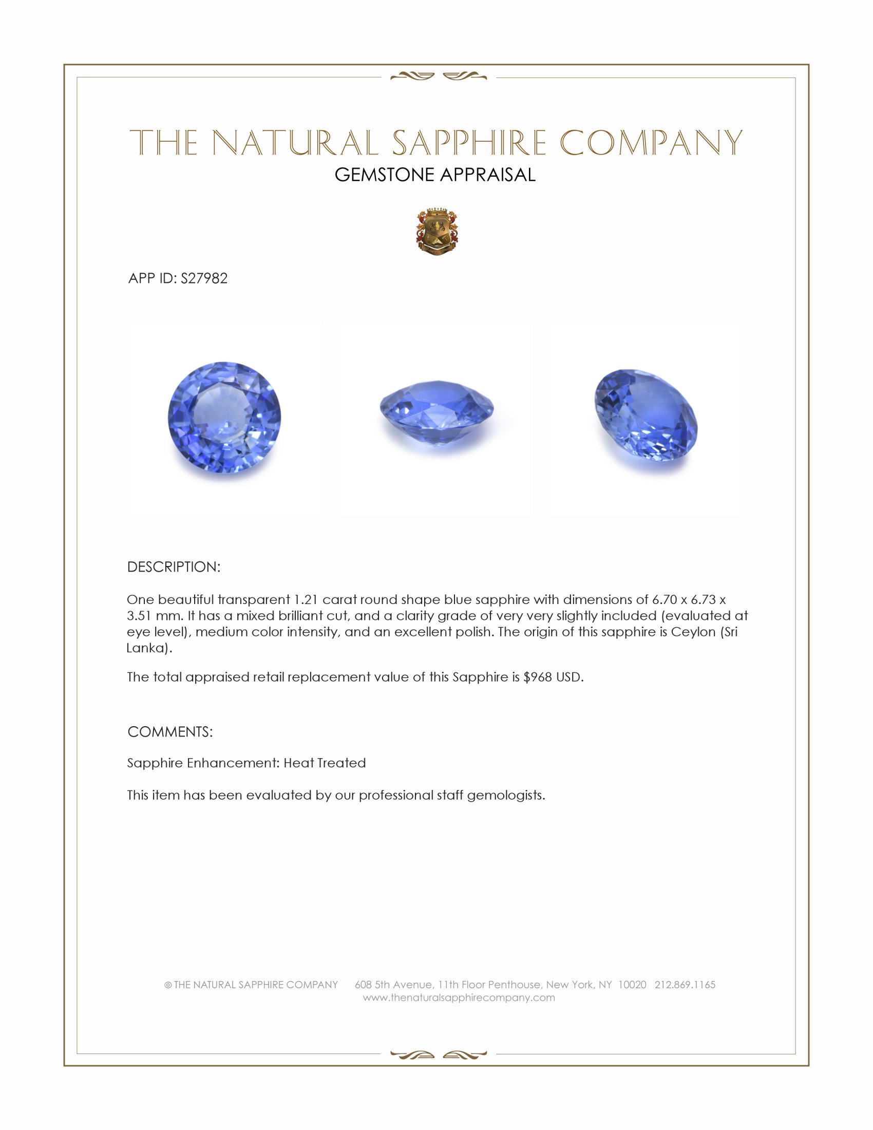 1.21 Ct. Blue Sapphire from Ceylon (Sri Lanka)