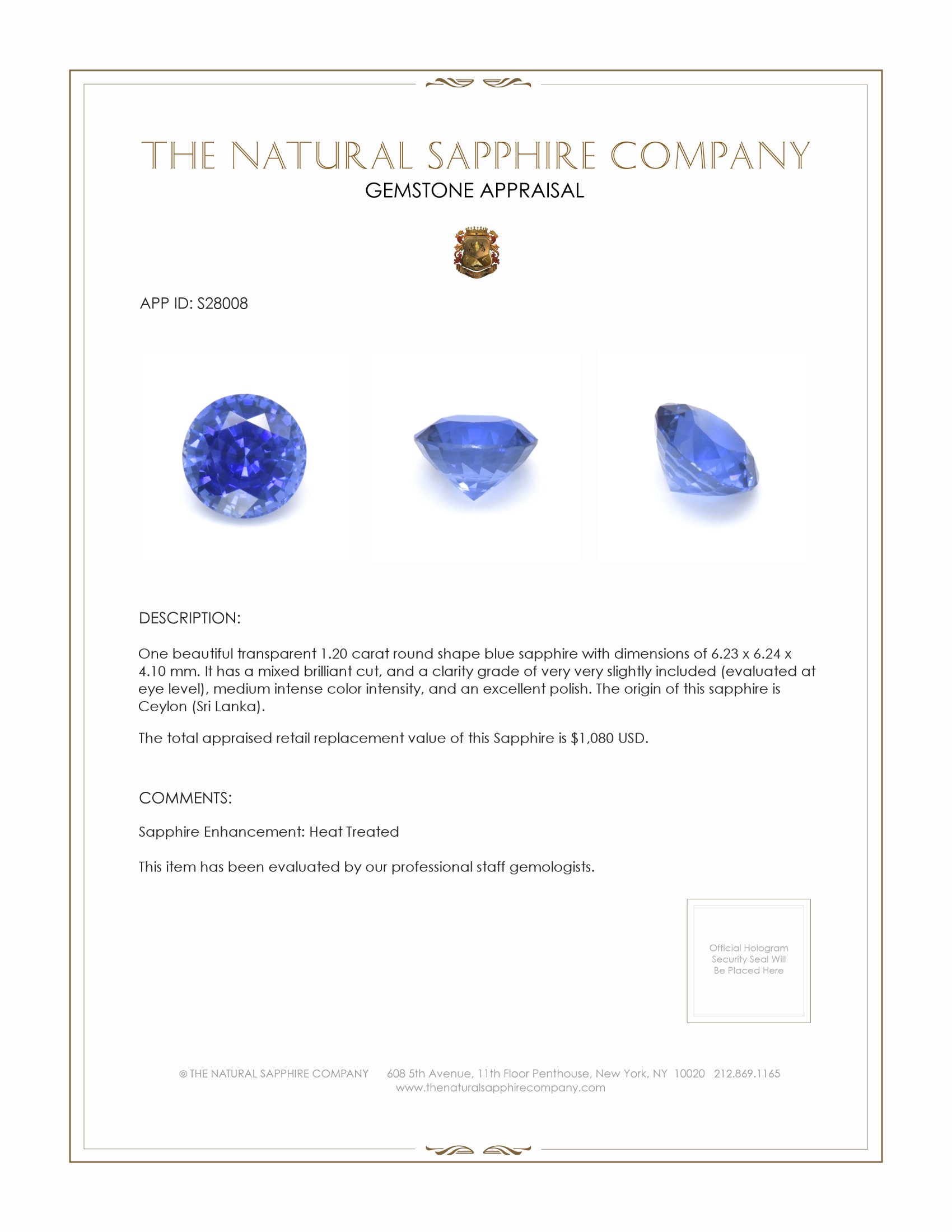 1.20 Ct. Blue Sapphire from Ceylon (Sri Lanka)