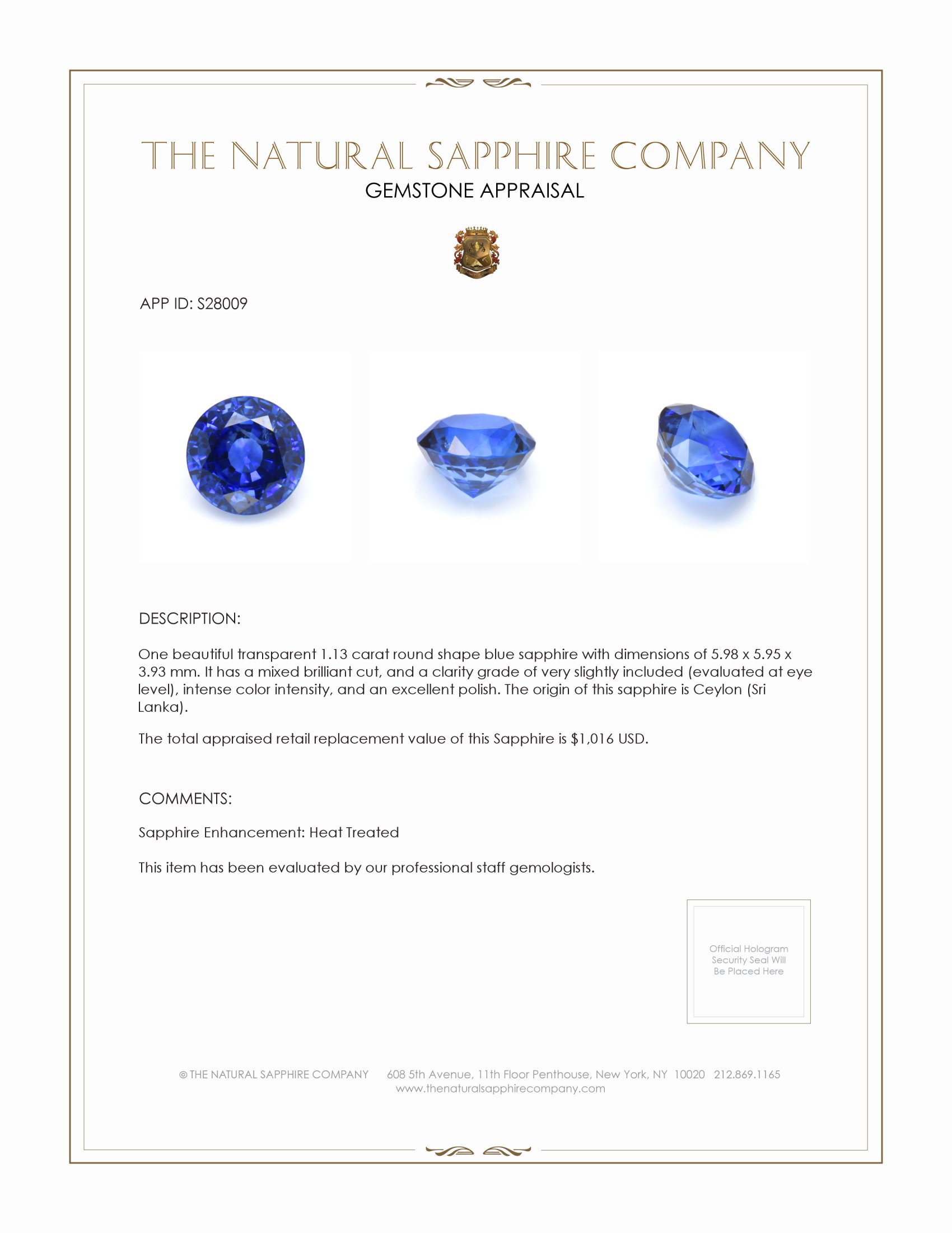 1.13 Ct. Blue Sapphire from Ceylon (Sri Lanka)