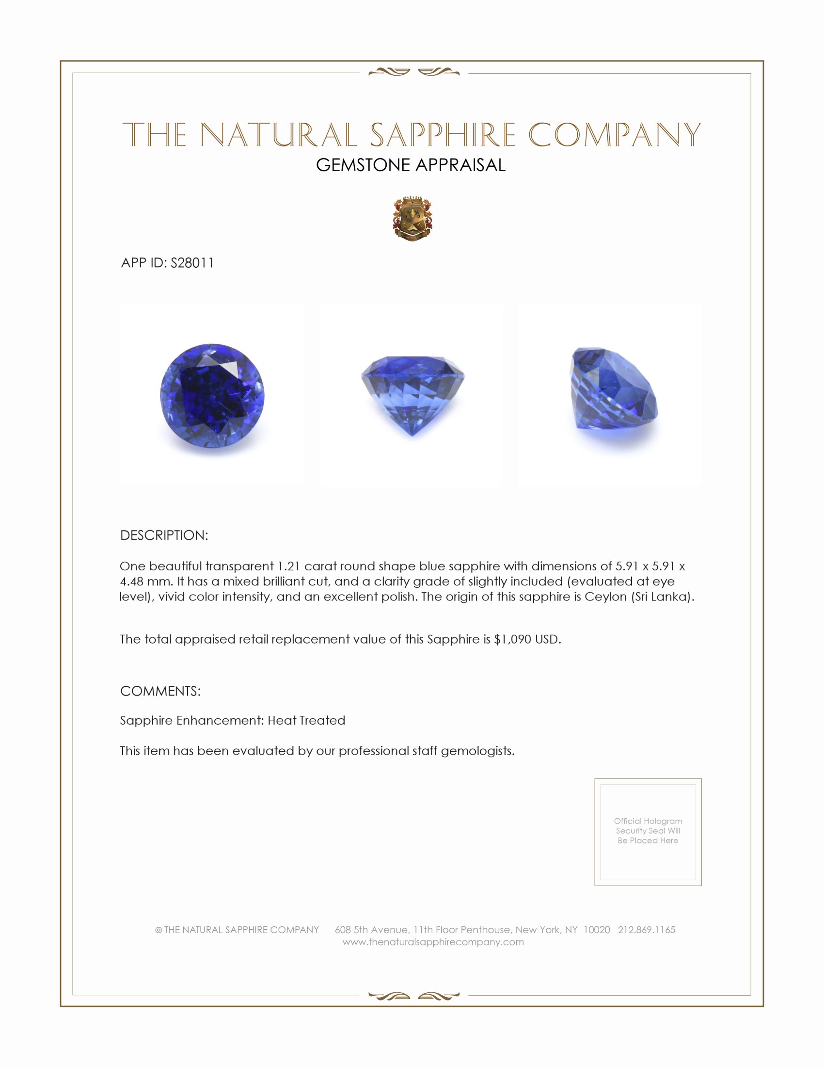 1.21 Ct. Blue Sapphire from Ceylon (Sri Lanka)