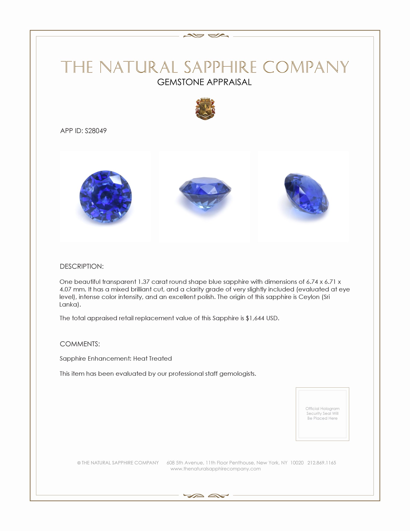 1.37 Ct. Blue Sapphire from Ceylon (Sri Lanka)