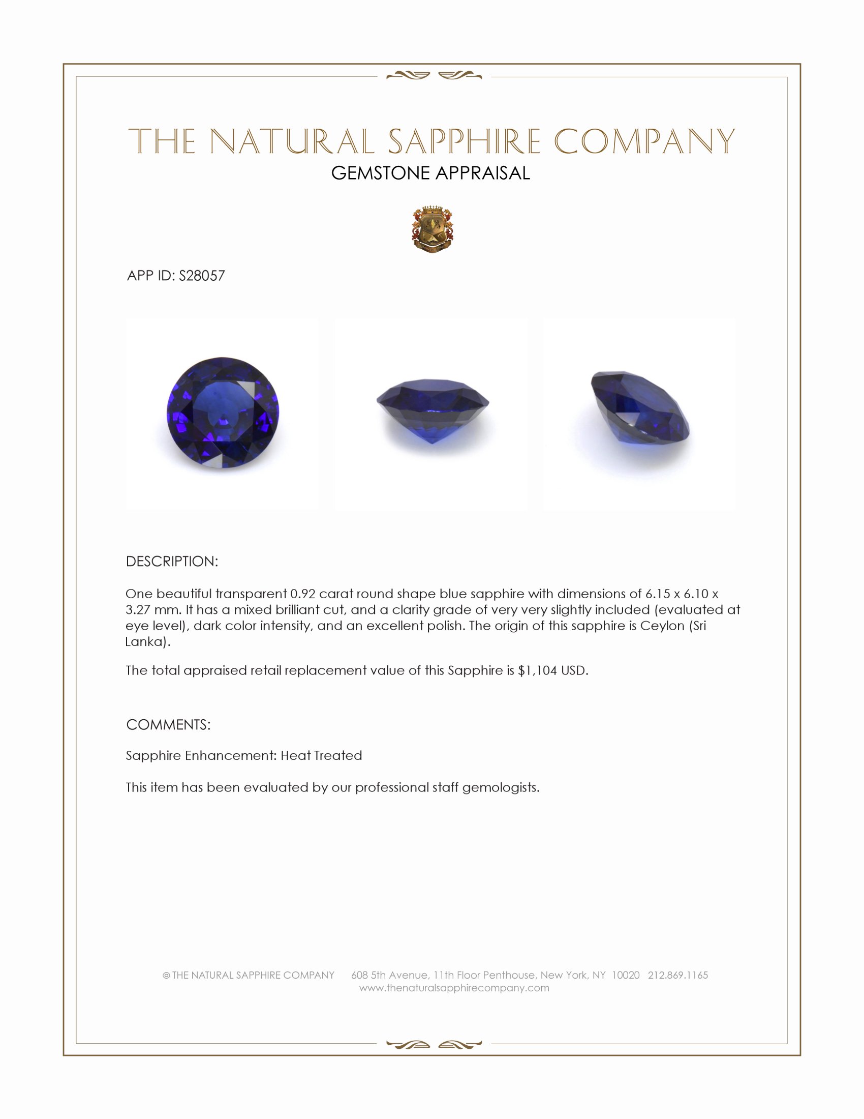 0.92 Ct. Blue Sapphire from Ceylon (Sri Lanka)