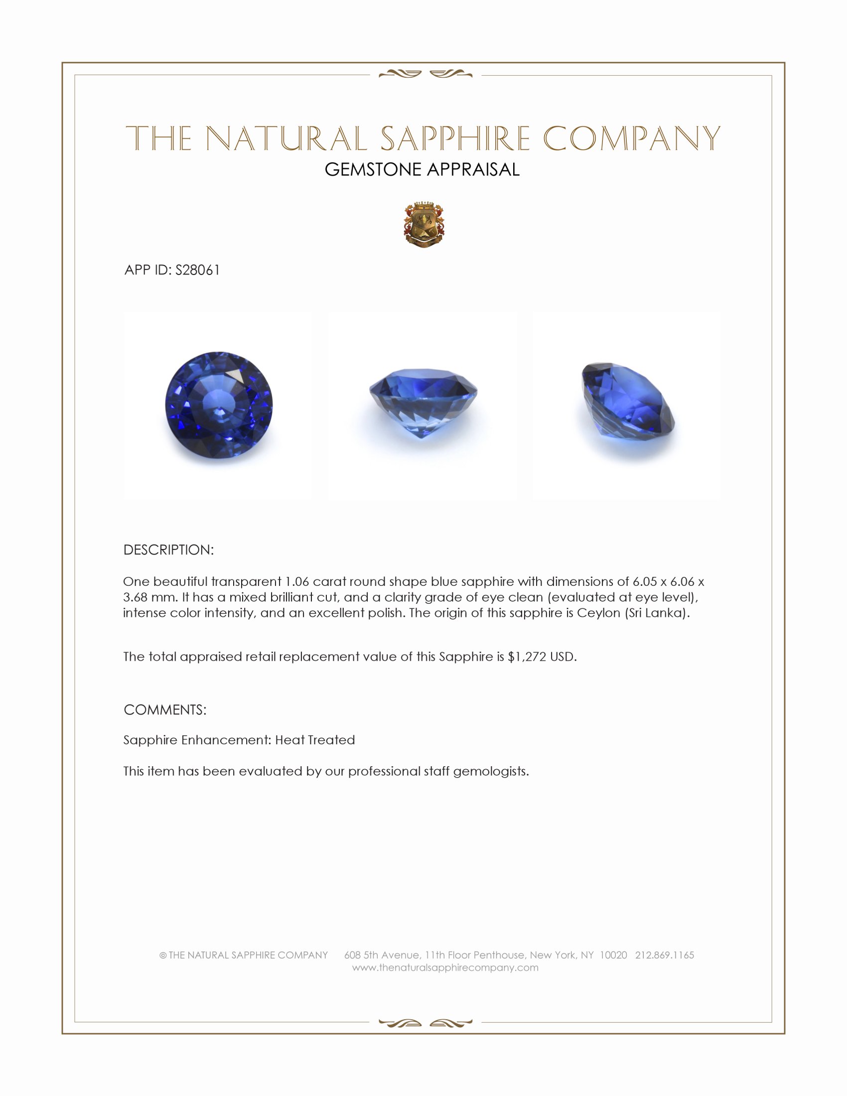 1.06 Ct. Blue Sapphire from Ceylon (Sri Lanka)