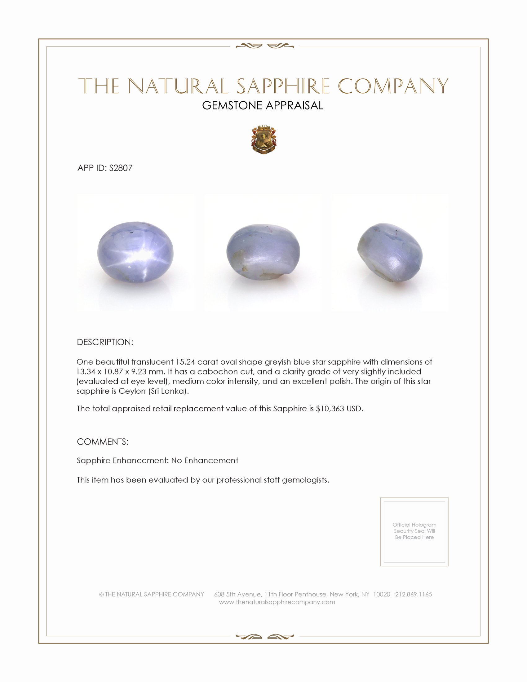 15.24 Ct. Greyish Blue Star Sapphire from Ceylon (Sri Lanka)