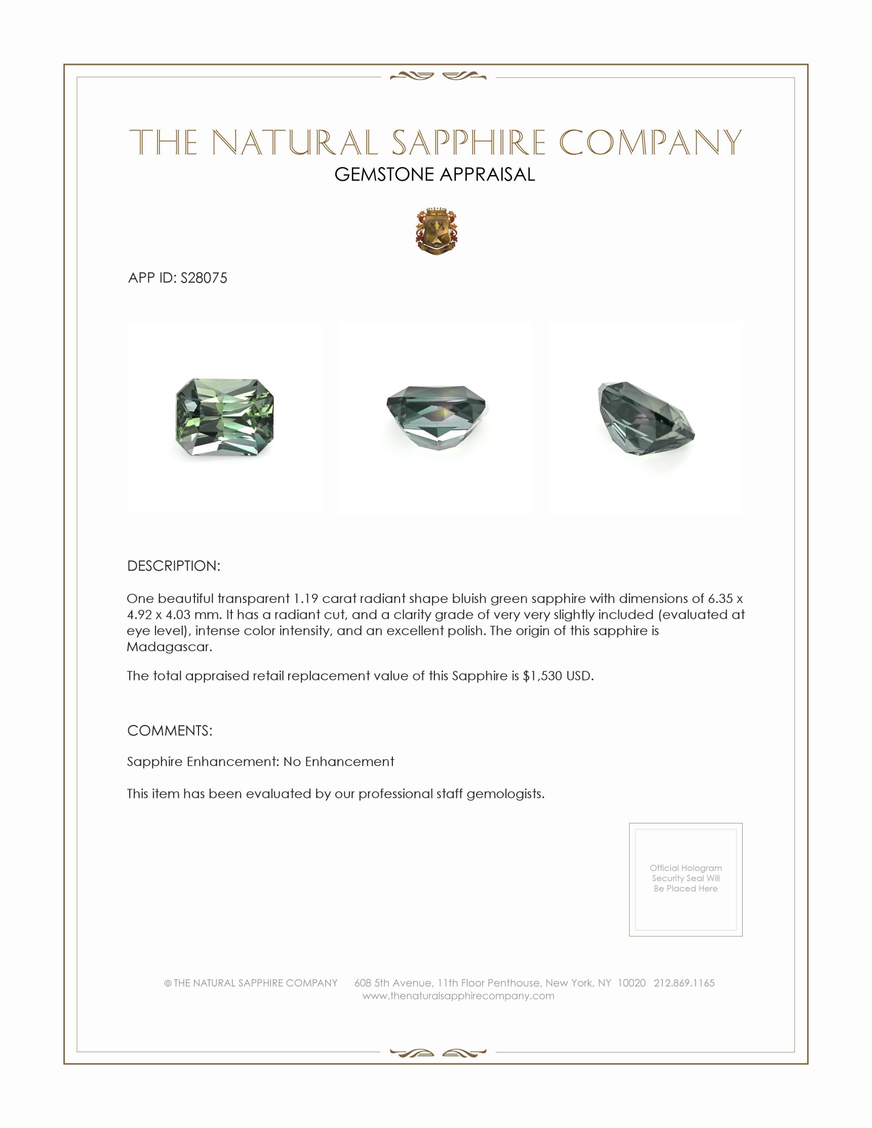 1.19 Ct. Bluish Green Sapphire from Madagascar