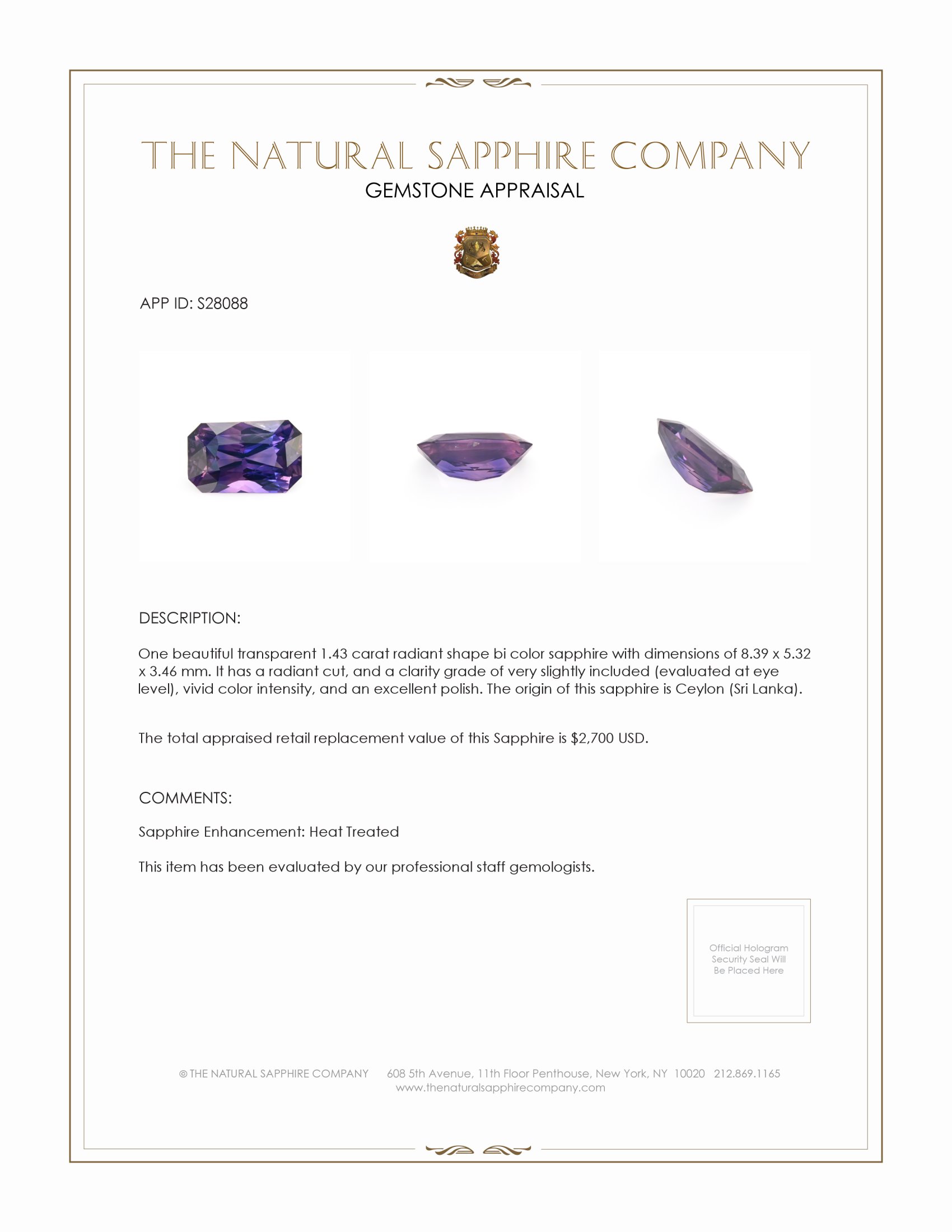 1.43 Ct. Bi Color Sapphire from Ceylon (Sri Lanka)