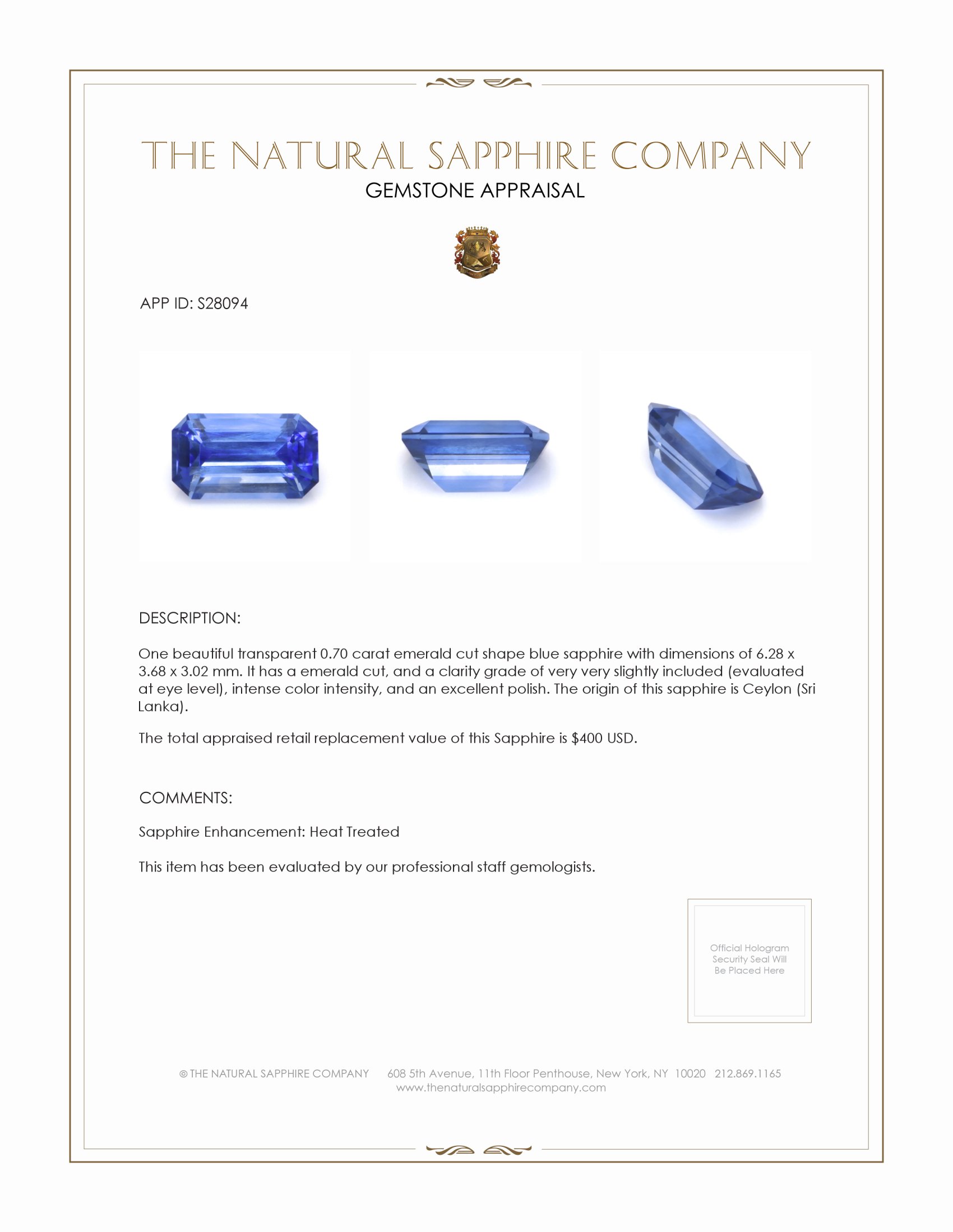 0.70 Ct. Blue Sapphire from Ceylon (Sri Lanka)