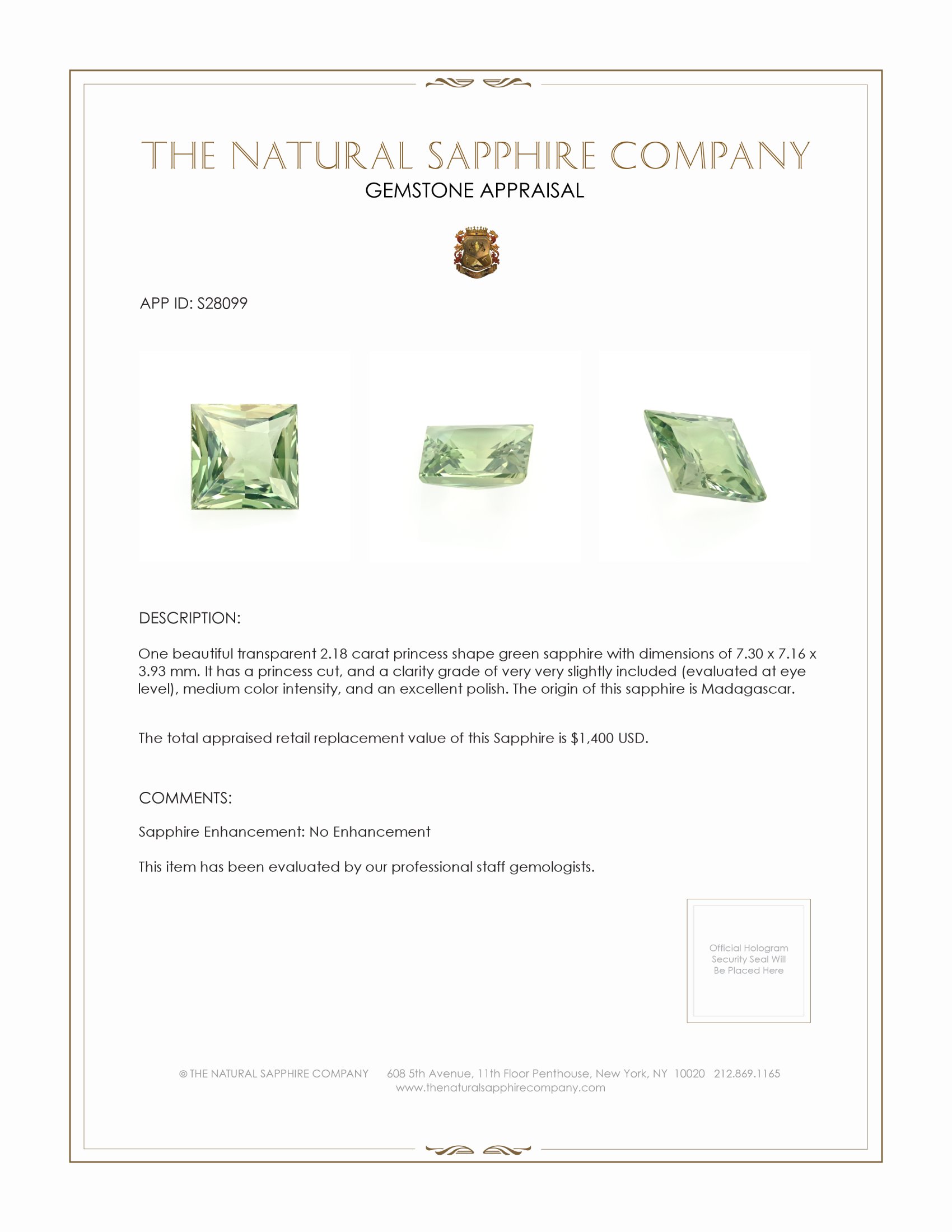 2.18 Ct. Green Sapphire from Madagascar