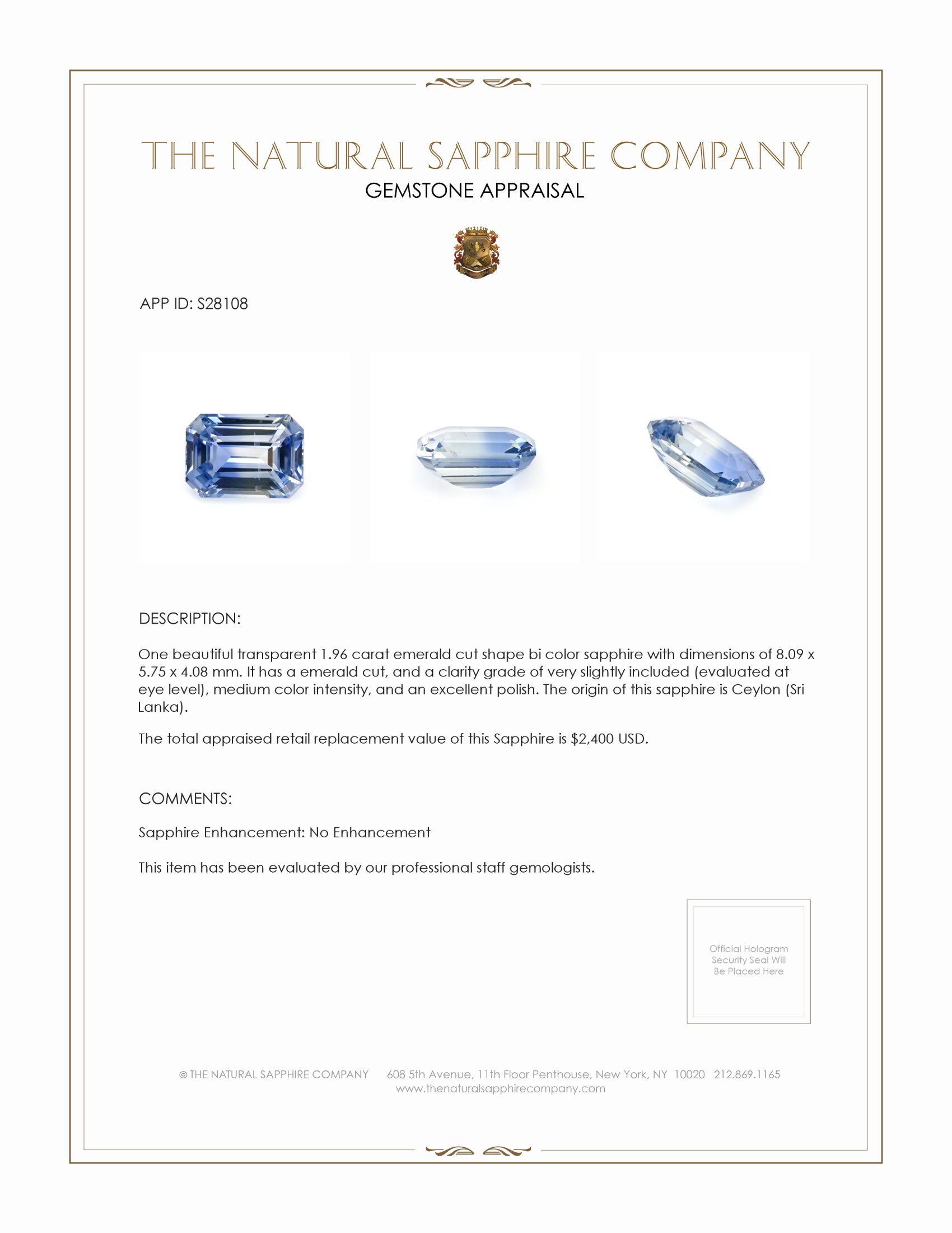 1.96 Ct. Bi Color Sapphire from Ceylon (Sri Lanka)