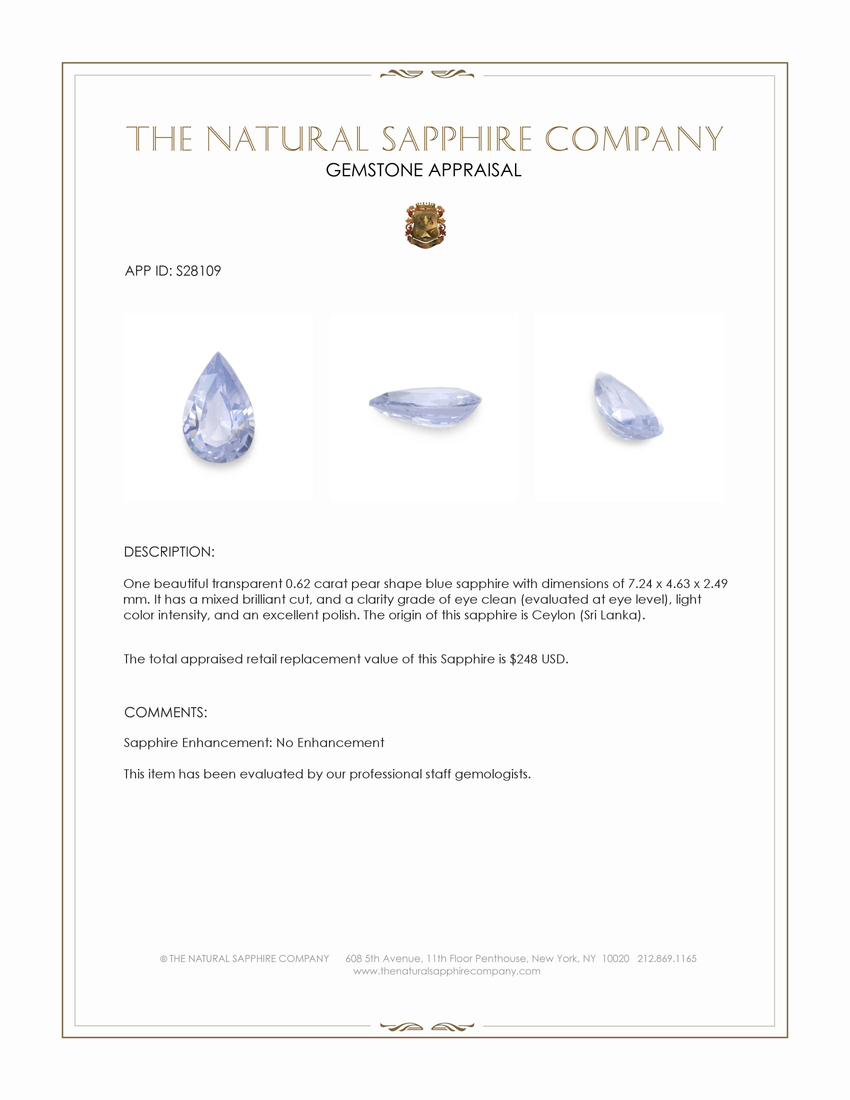 0.62 Ct. Blue Sapphire from Ceylon (Sri Lanka)