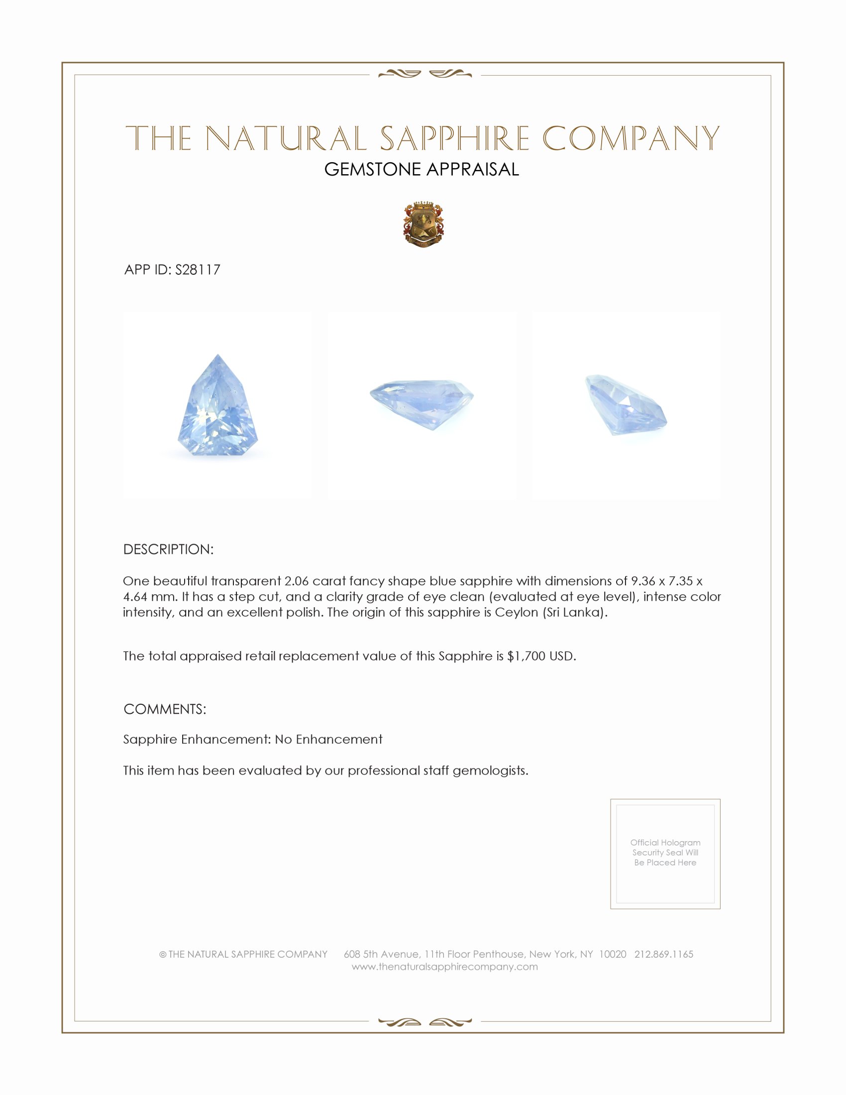 2.06 Ct. Blue Sapphire from Ceylon (Sri Lanka)