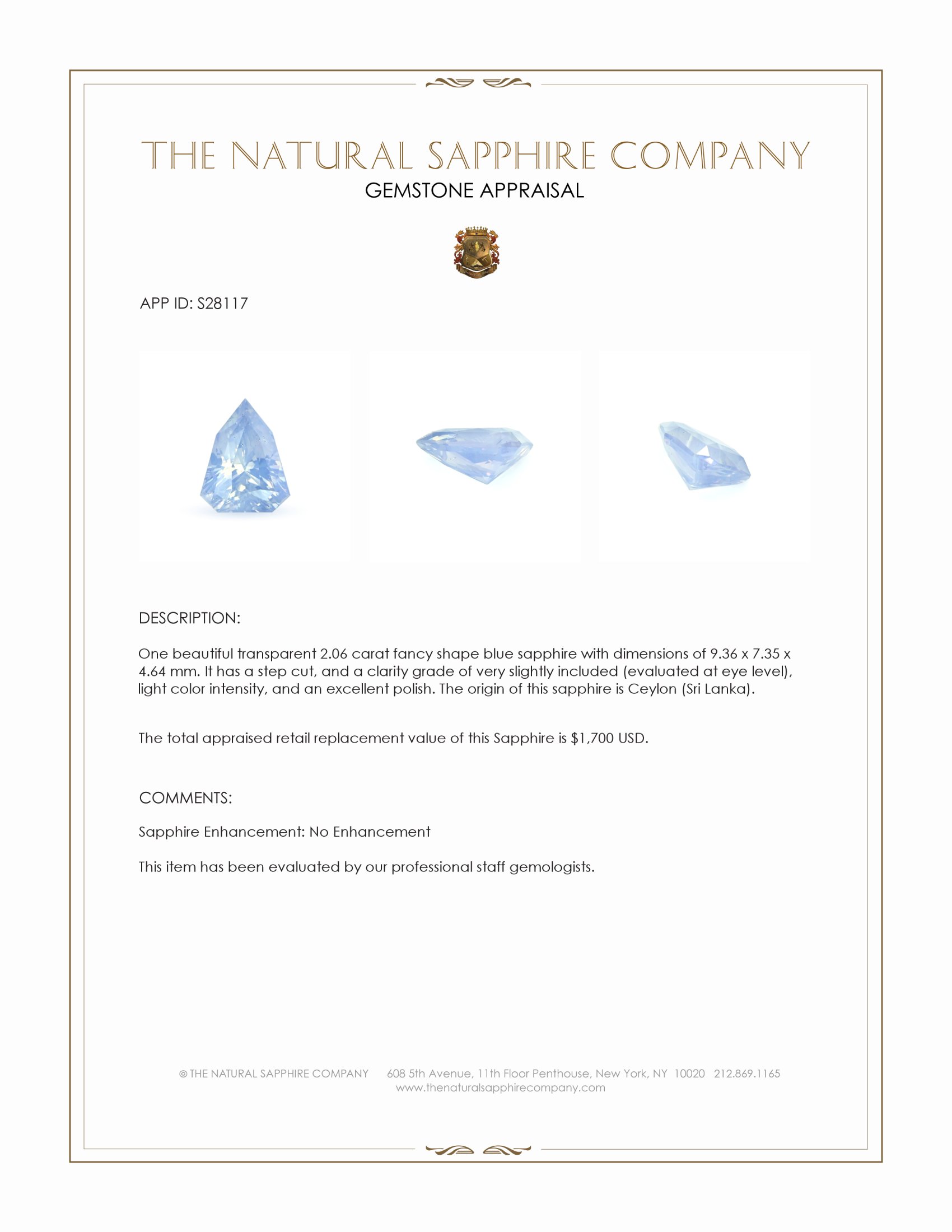 2.06 Ct. Blue Sapphire from Ceylon (Sri Lanka)