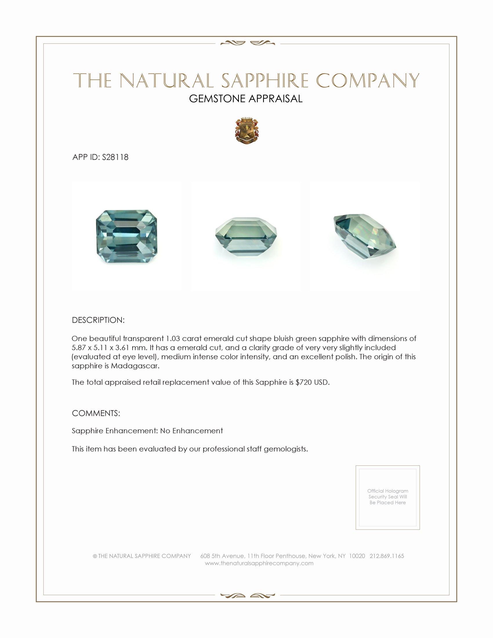 1.03 Ct. Bluish Green Sapphire from Madagascar
