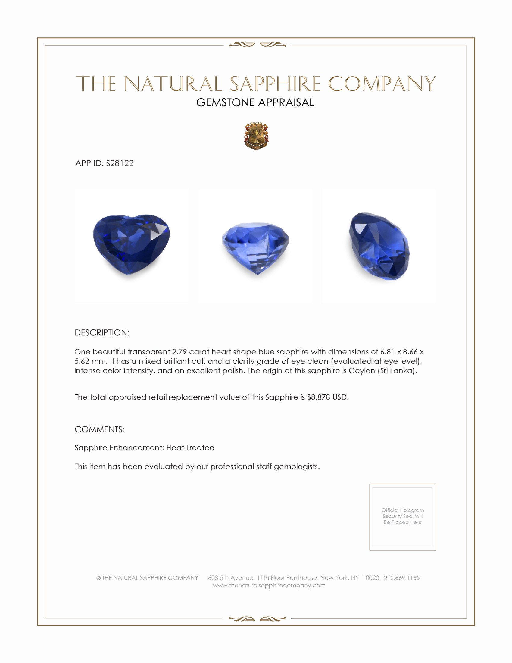 2.79 Ct. Blue Sapphire from Ceylon (Sri Lanka)