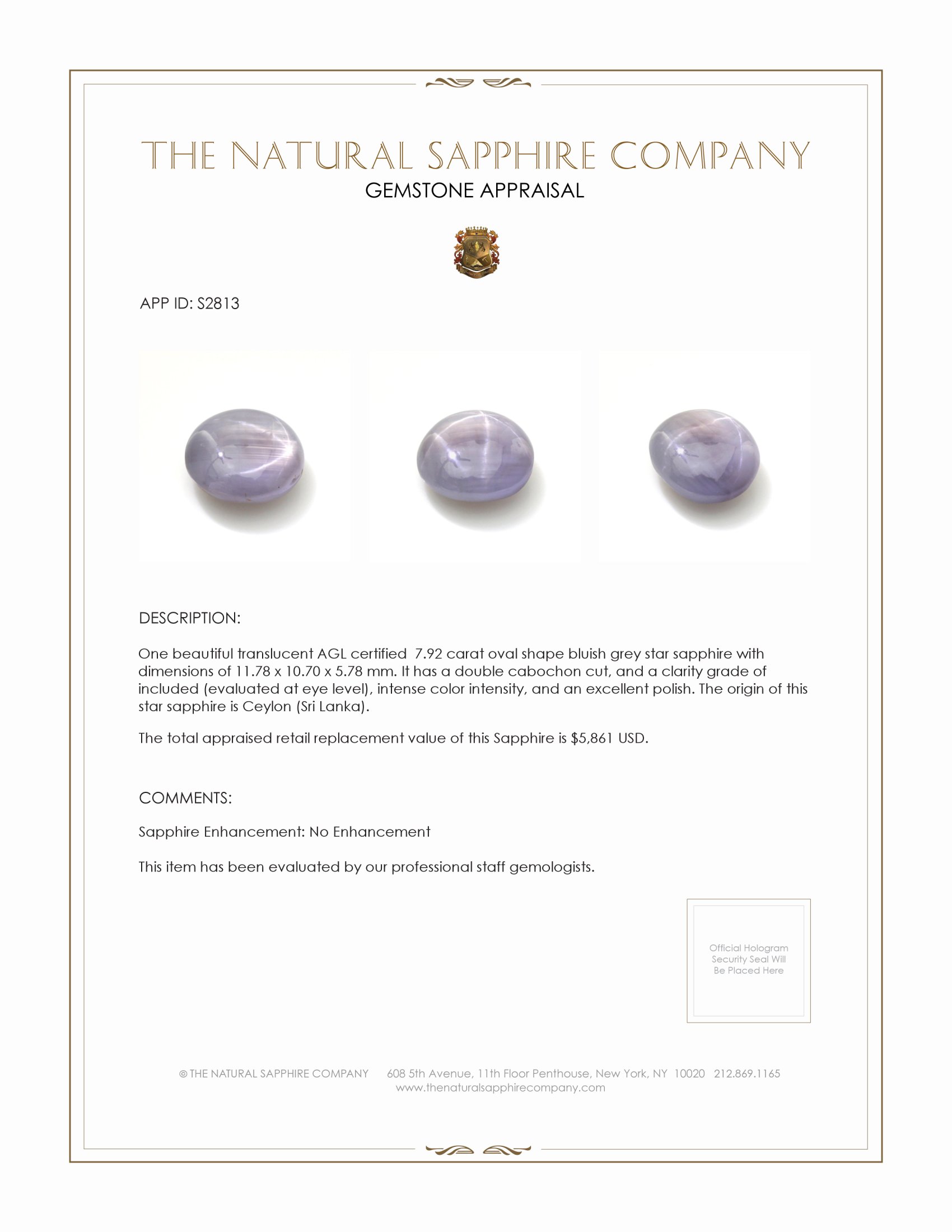 7.92 Ct. Bluish Grey Star Sapphire from Ceylon (Sri Lanka)