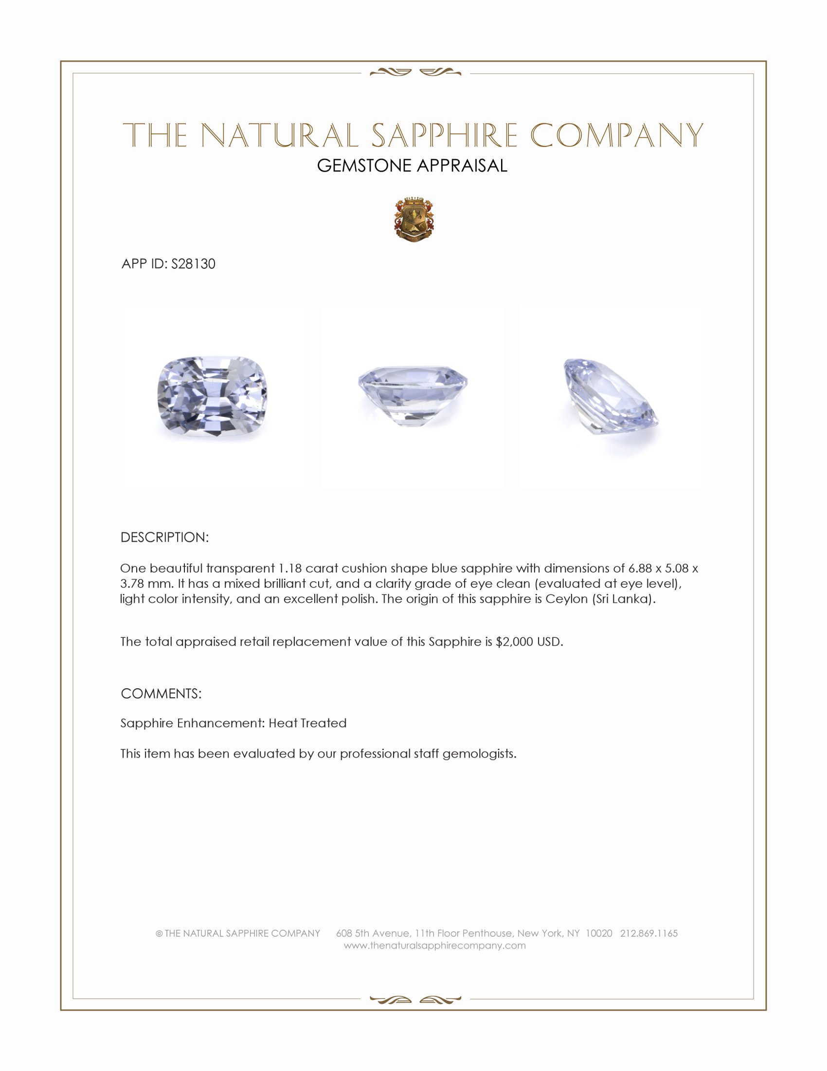 1.18 Ct. Purplish Blue Sapphire from Ceylon (Sri Lanka)