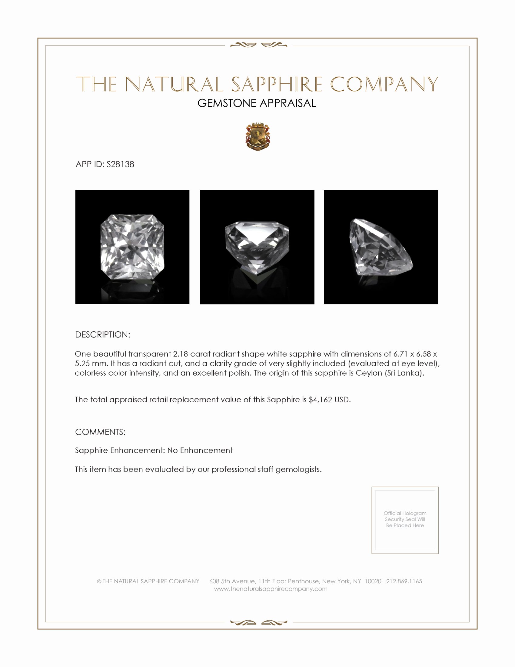 2.18 Ct. White Sapphire from Ceylon (Sri Lanka)