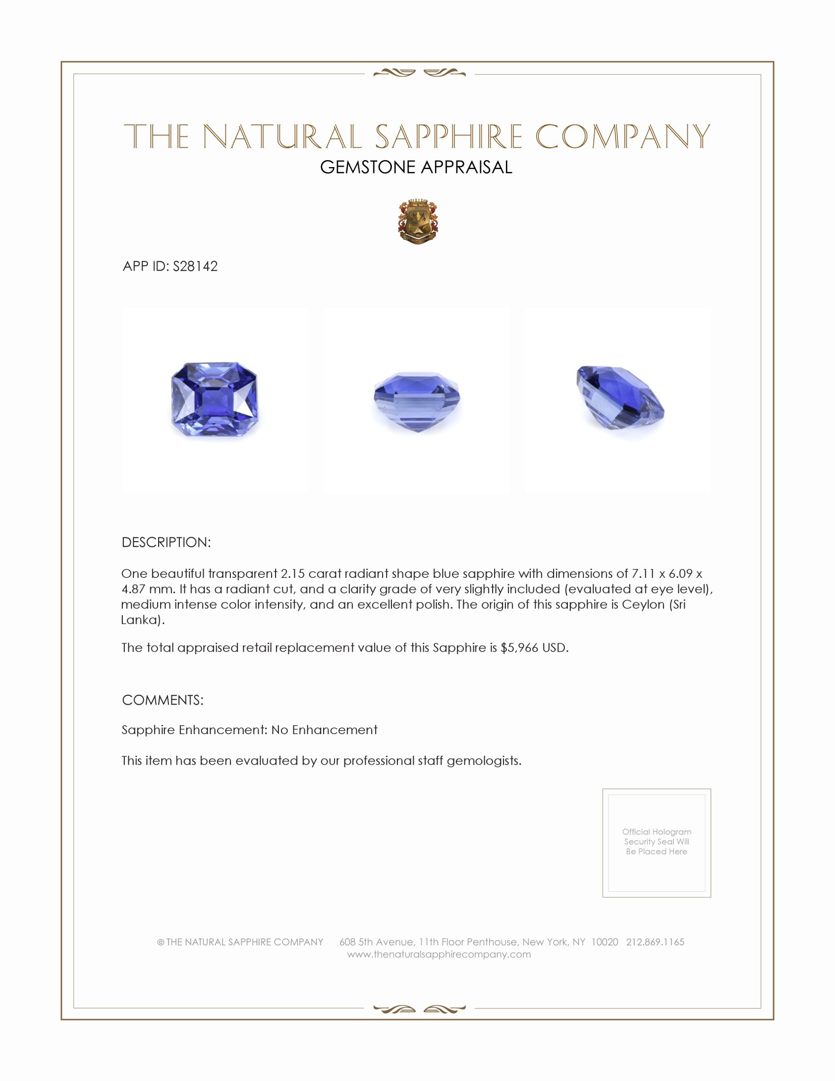 2.15 Ct. Blue Sapphire from Ceylon (Sri Lanka)